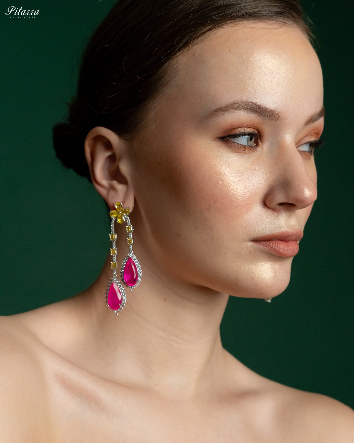 Pitarra Pink and Yellow Dangler Earring_Side Pose