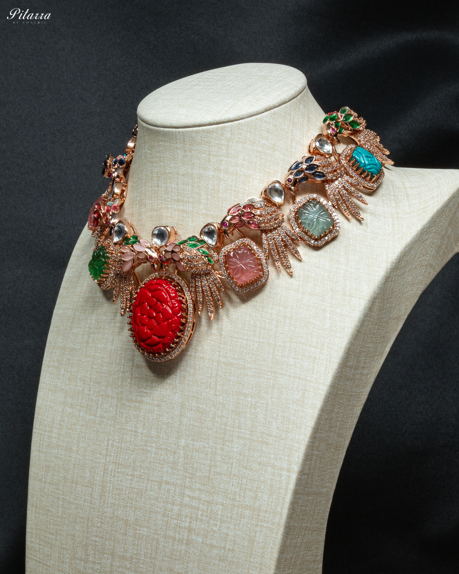 Pitarra Red Carved Stone in Rose Gold Necklace Set_Side Angle