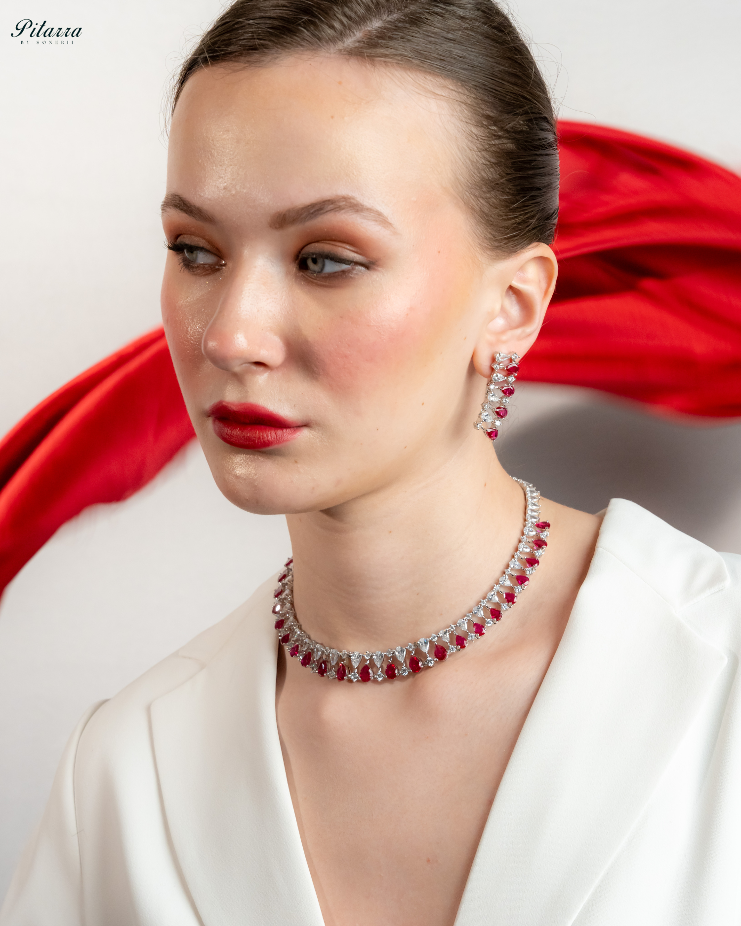 Red Drop CZ Necklace Set_Side Pose