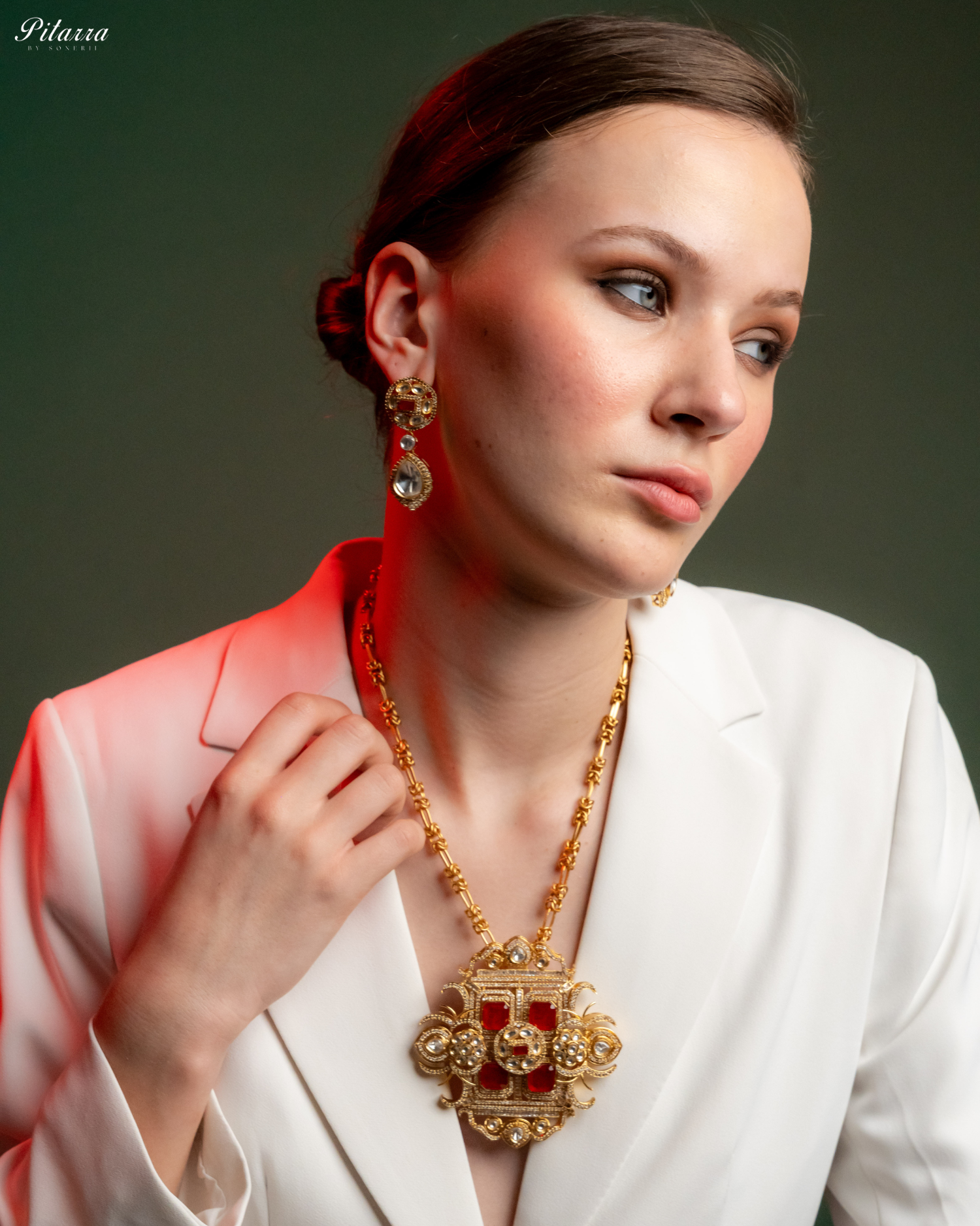 Red Moissanite Stone Long Necklace Set_Side Pose