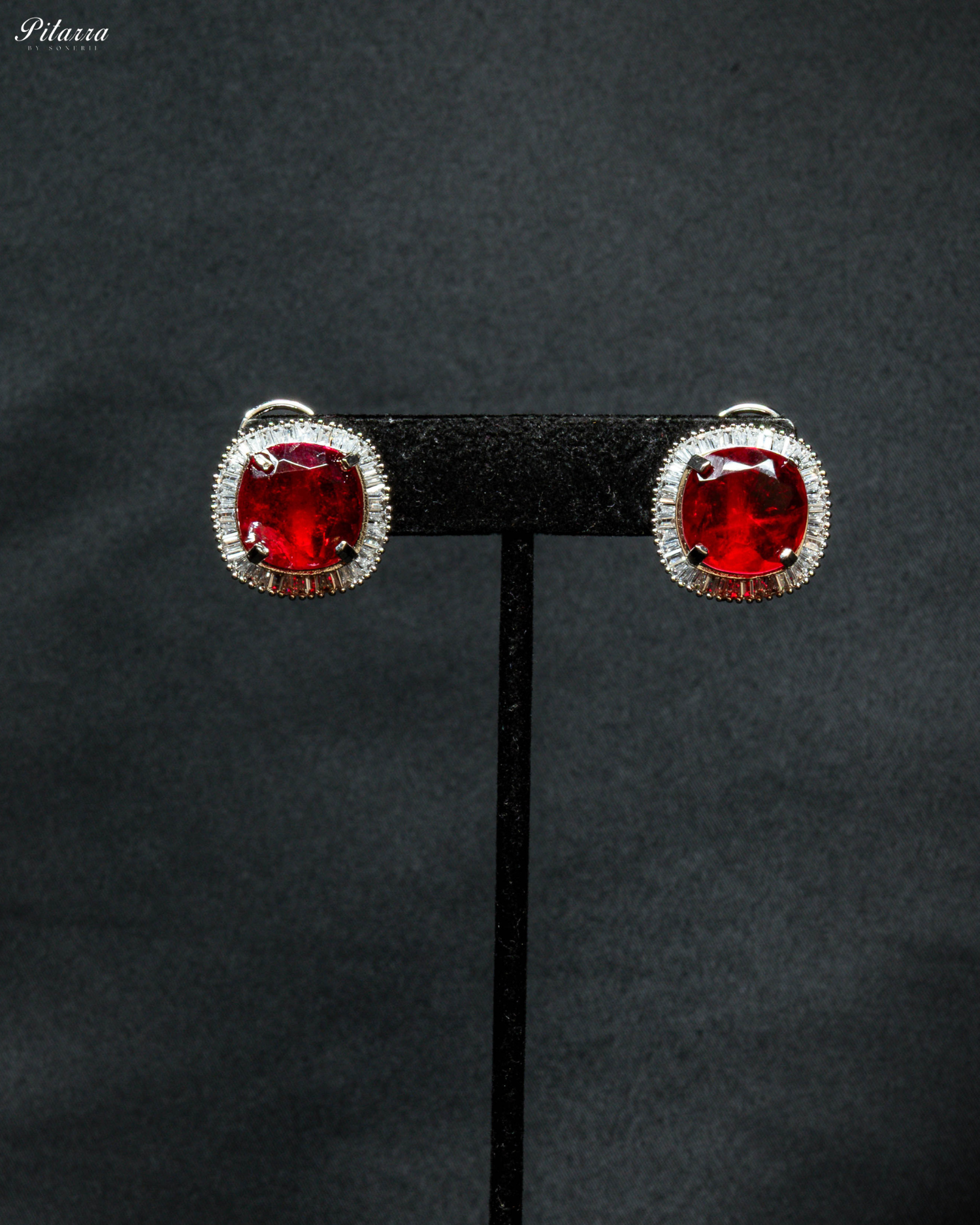 Red Stone Silver CZ Choker Necklace Set_Earrings