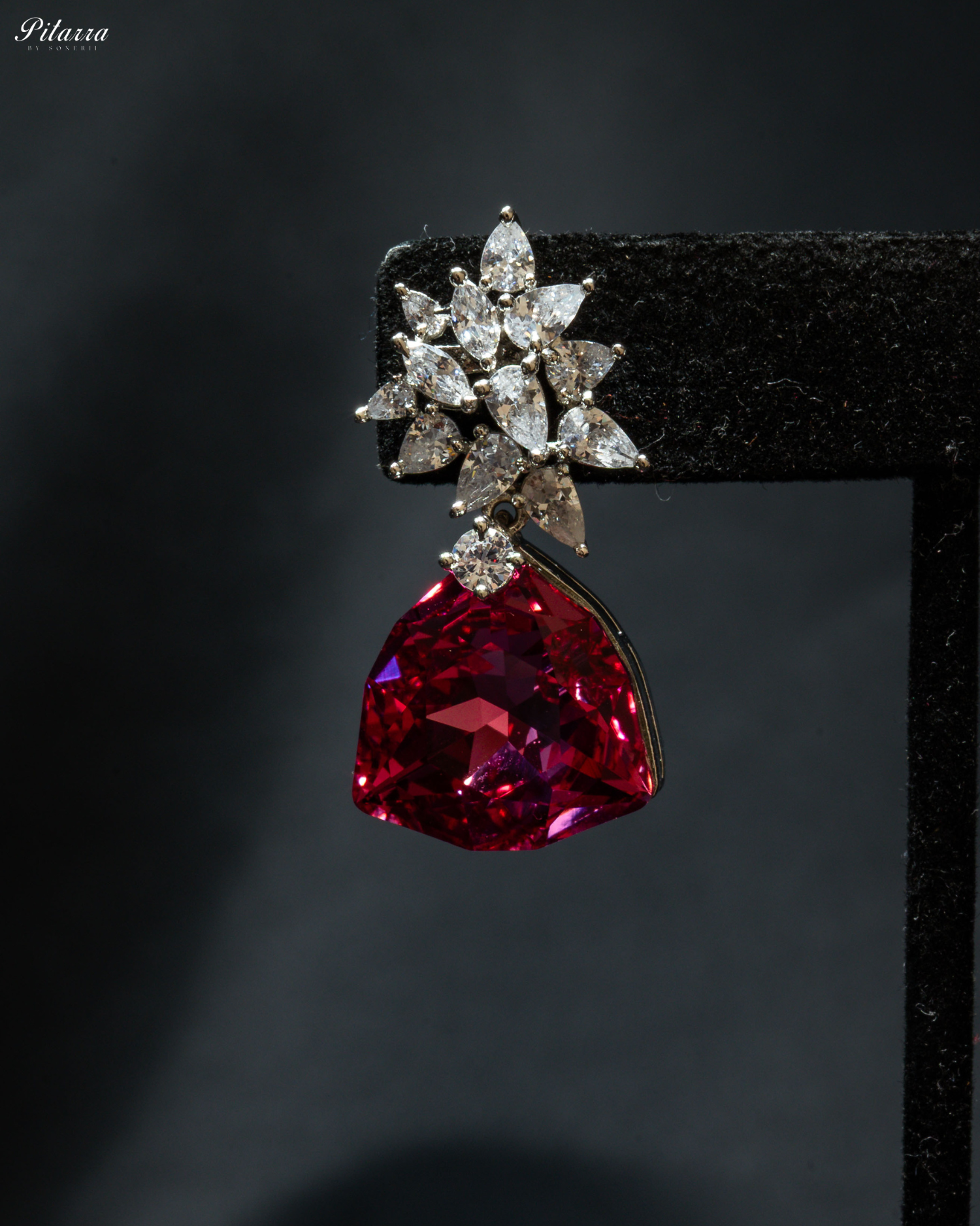 Red Stone Silver Floral CZ Stud Earrings_Zoom Angle