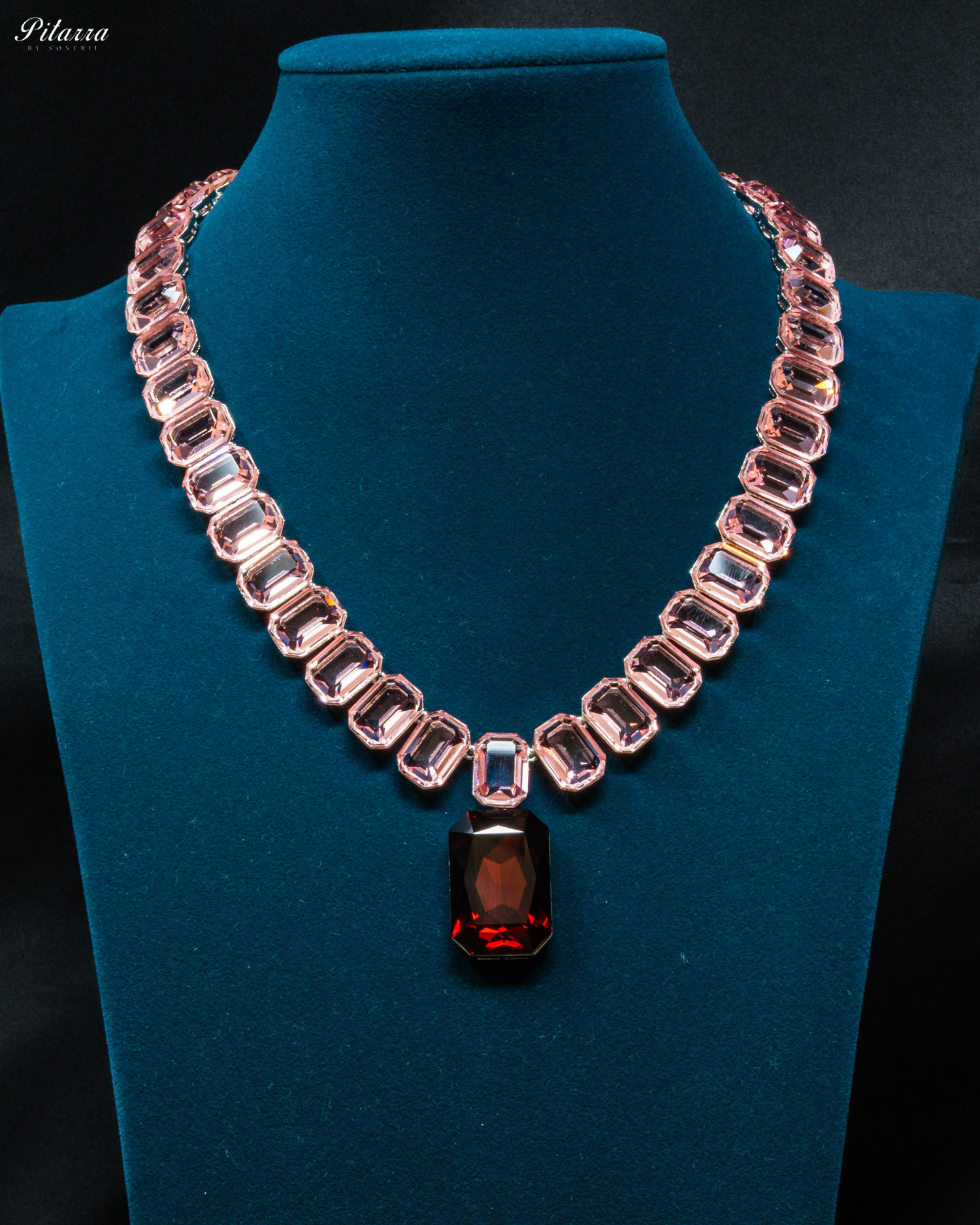 Red Stone Square Pinkish Crystal Necklace Set_Front Image