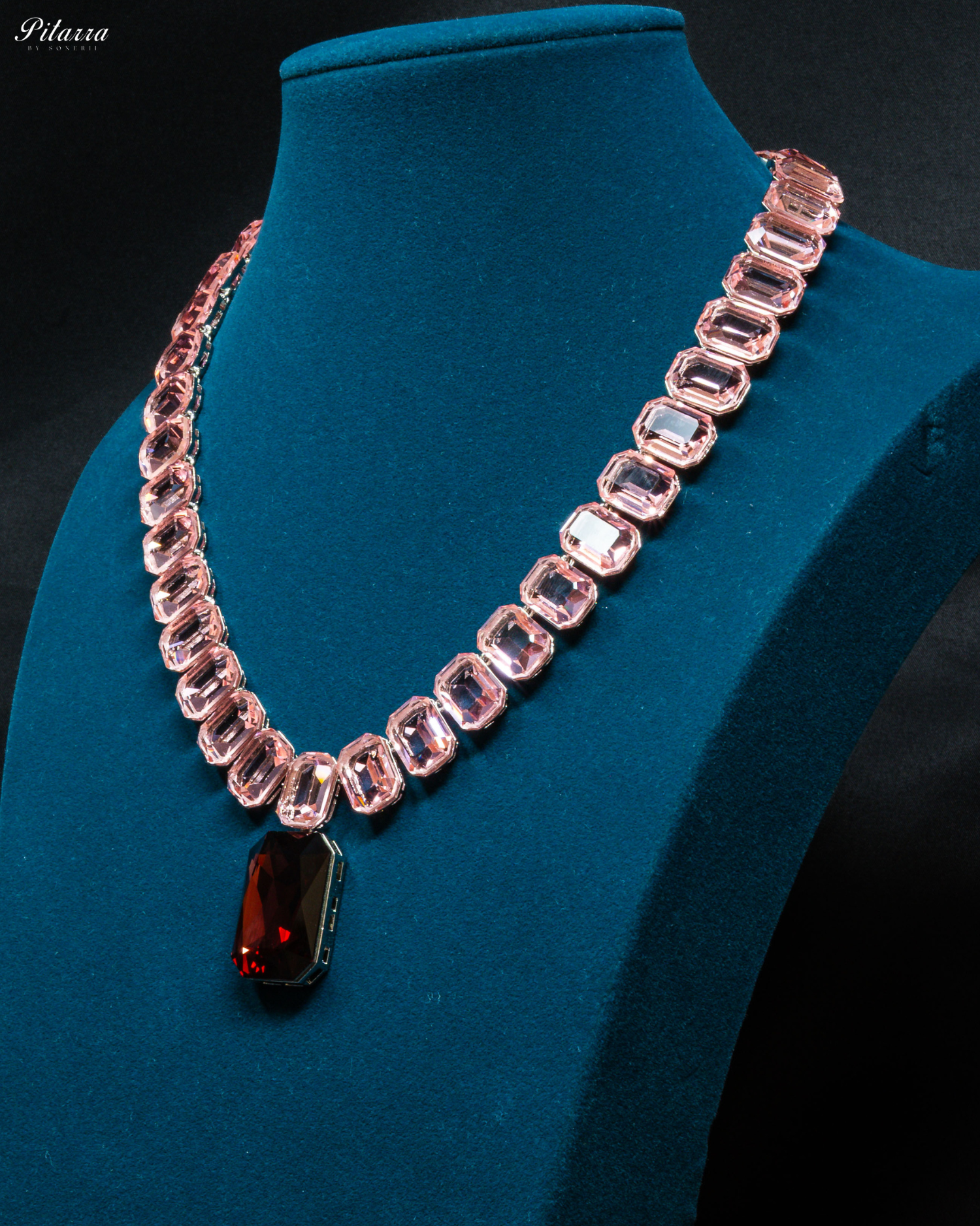 Red Stone Square Pinkish Crystal Necklace Set_Side Angle