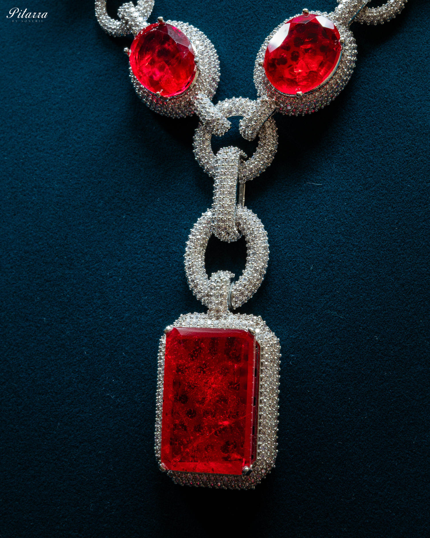 Red Stone Statement Doublet Chain Necklace Set_Zoom Angle
