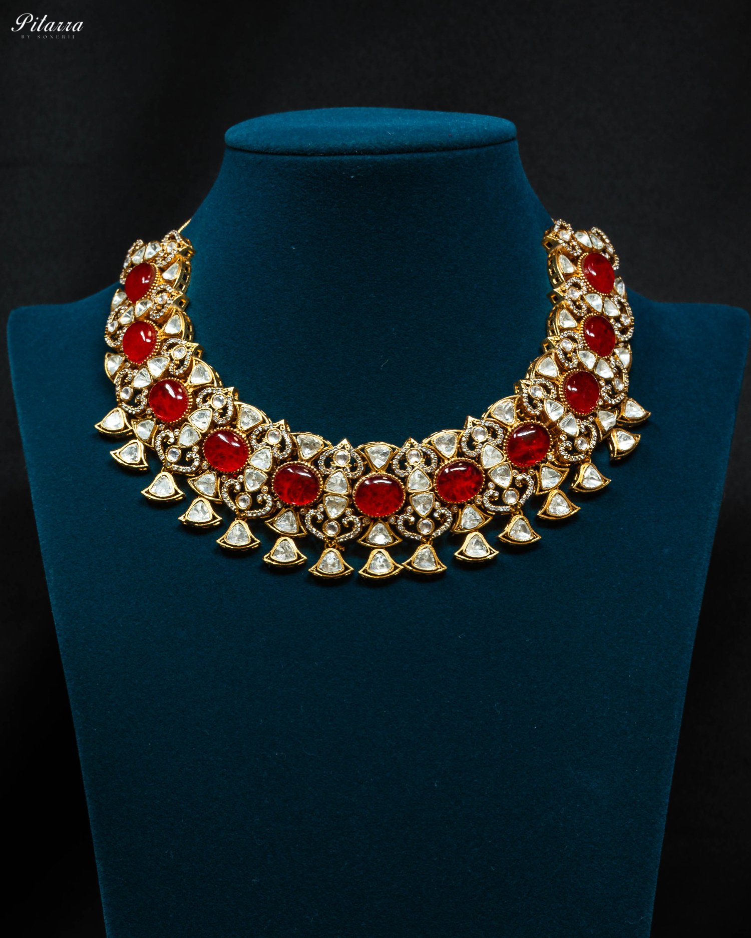 Red Stone Uncut Traditional Kundan Choker Set_Front Image