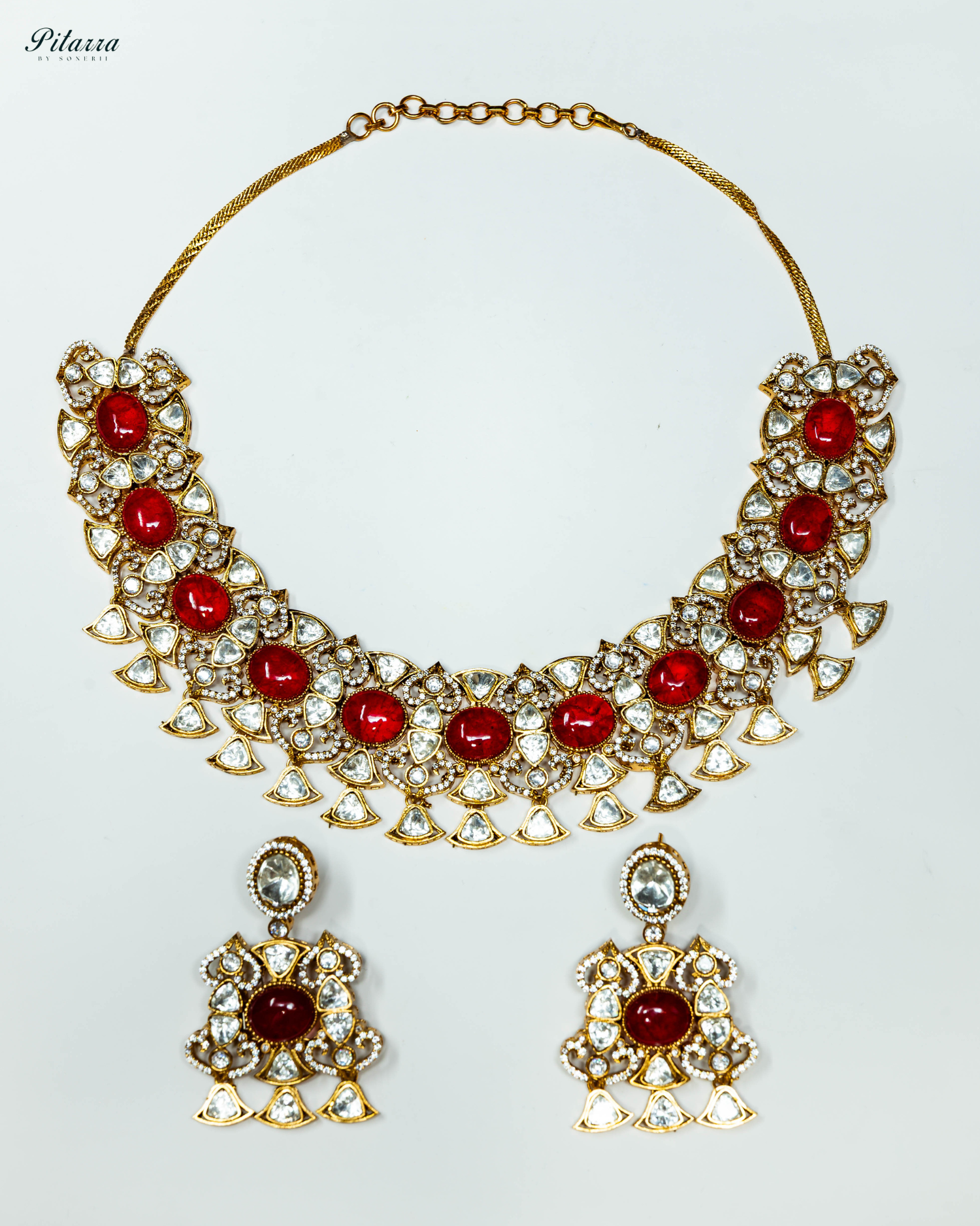Red Stone Uncut Traditional Kundan Choker Set_White Background