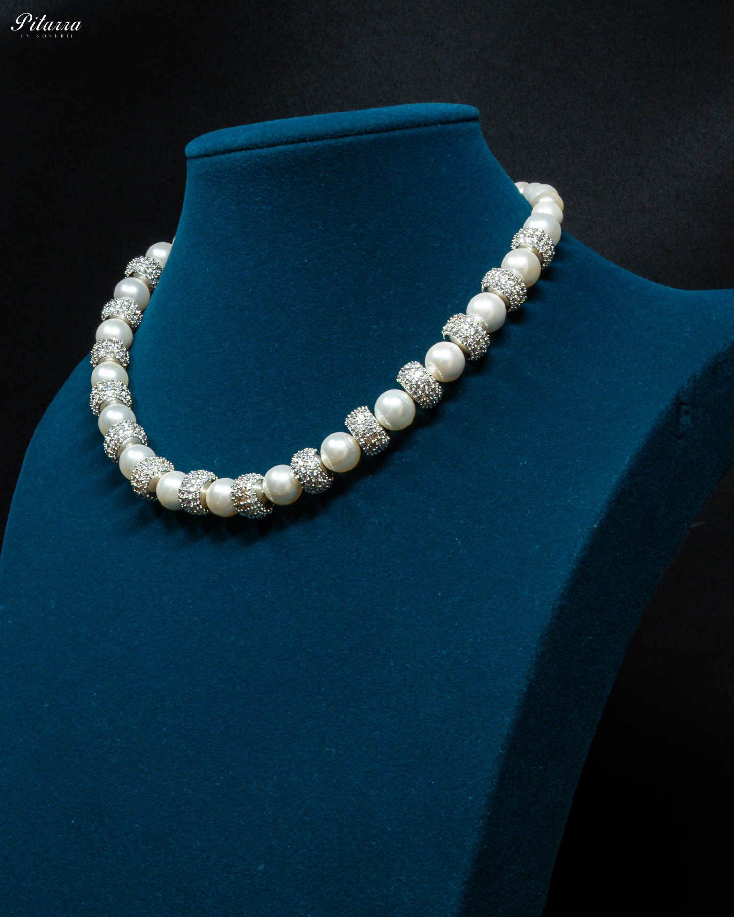 Silver Bead While Pearl Zircon Necklace_Side Angle