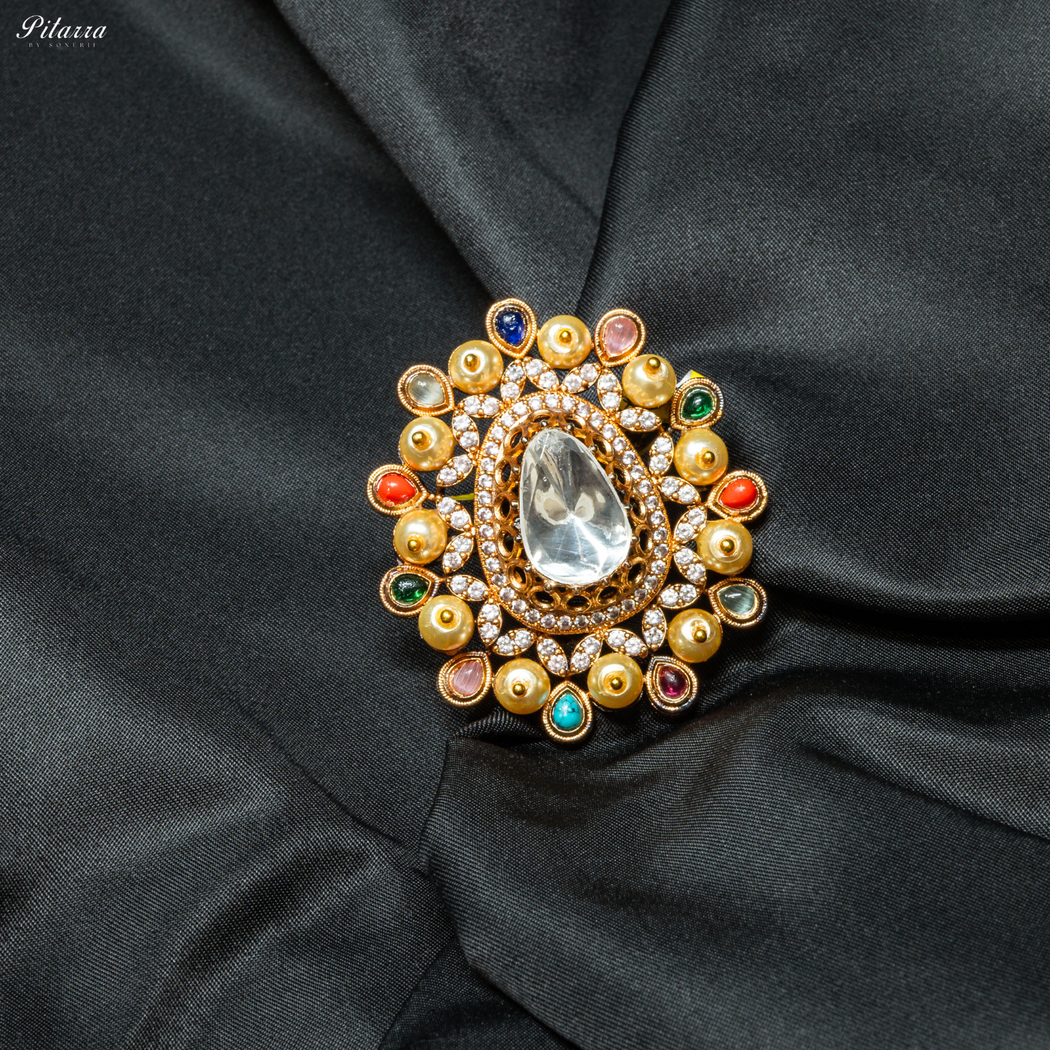 Silver Crystal Golden Kundan Multi Colored Ring_Front Image