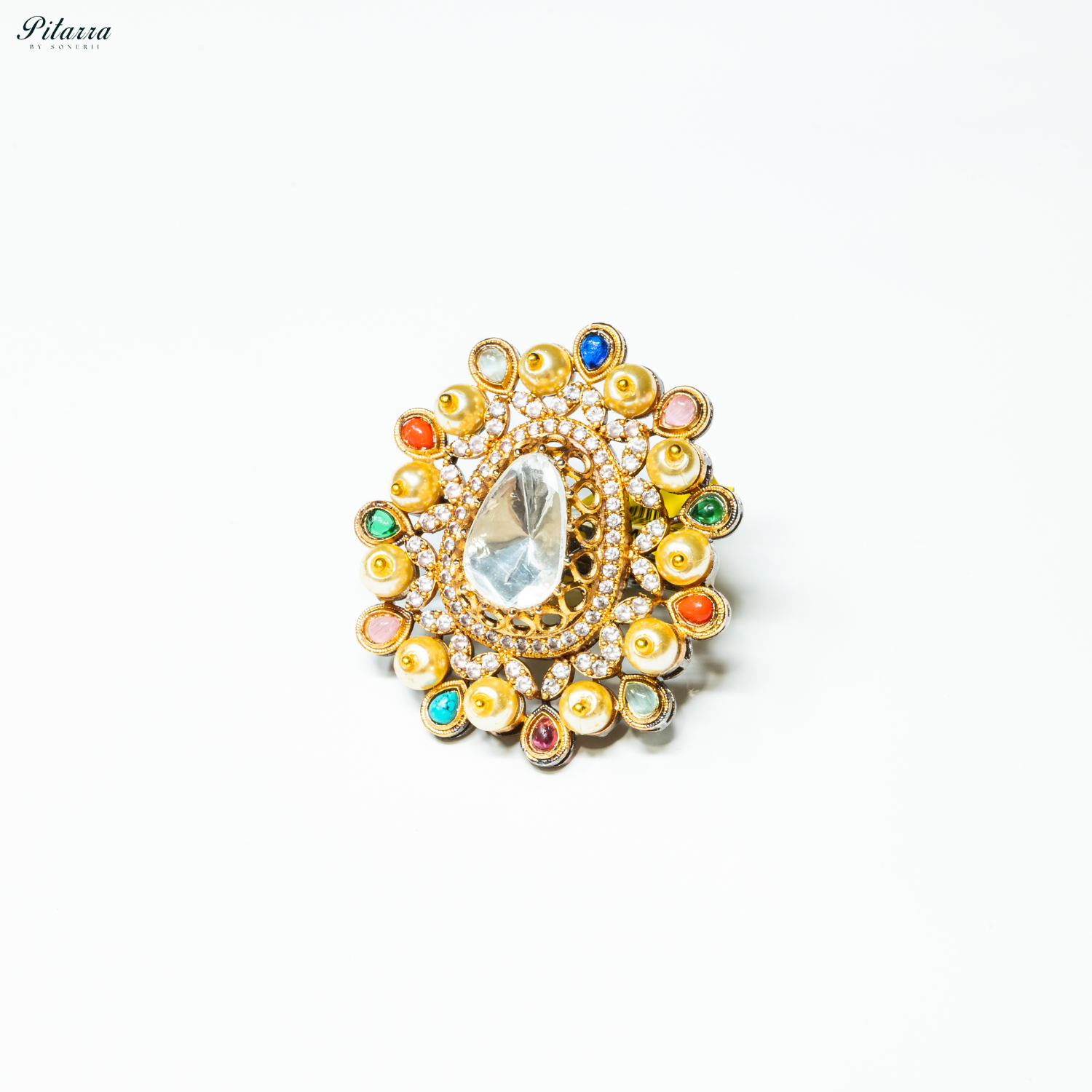 Silver Crystal Golden Kundan Multi Colored Ring_Side Image