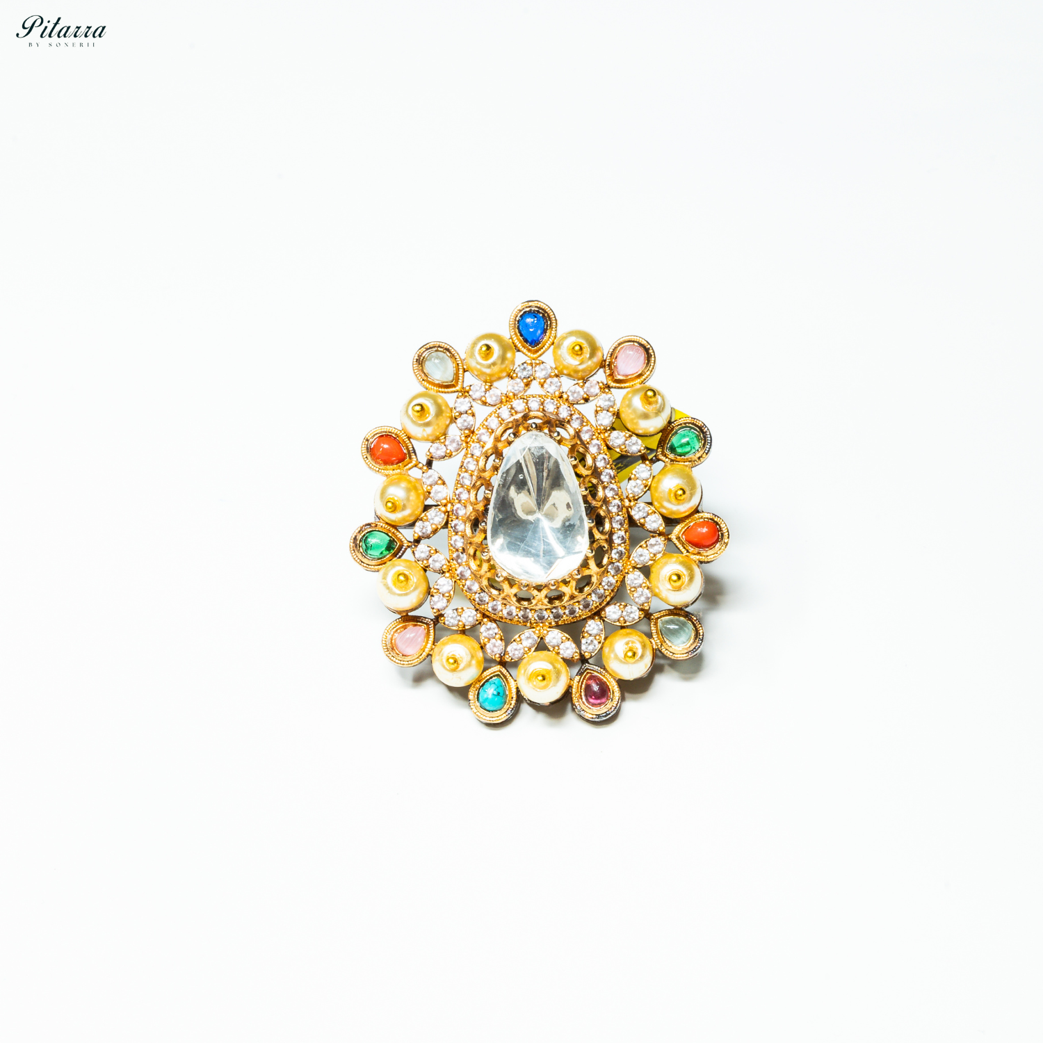 Silver Crystal Golden Kundan Multi Colored Ring_White Background