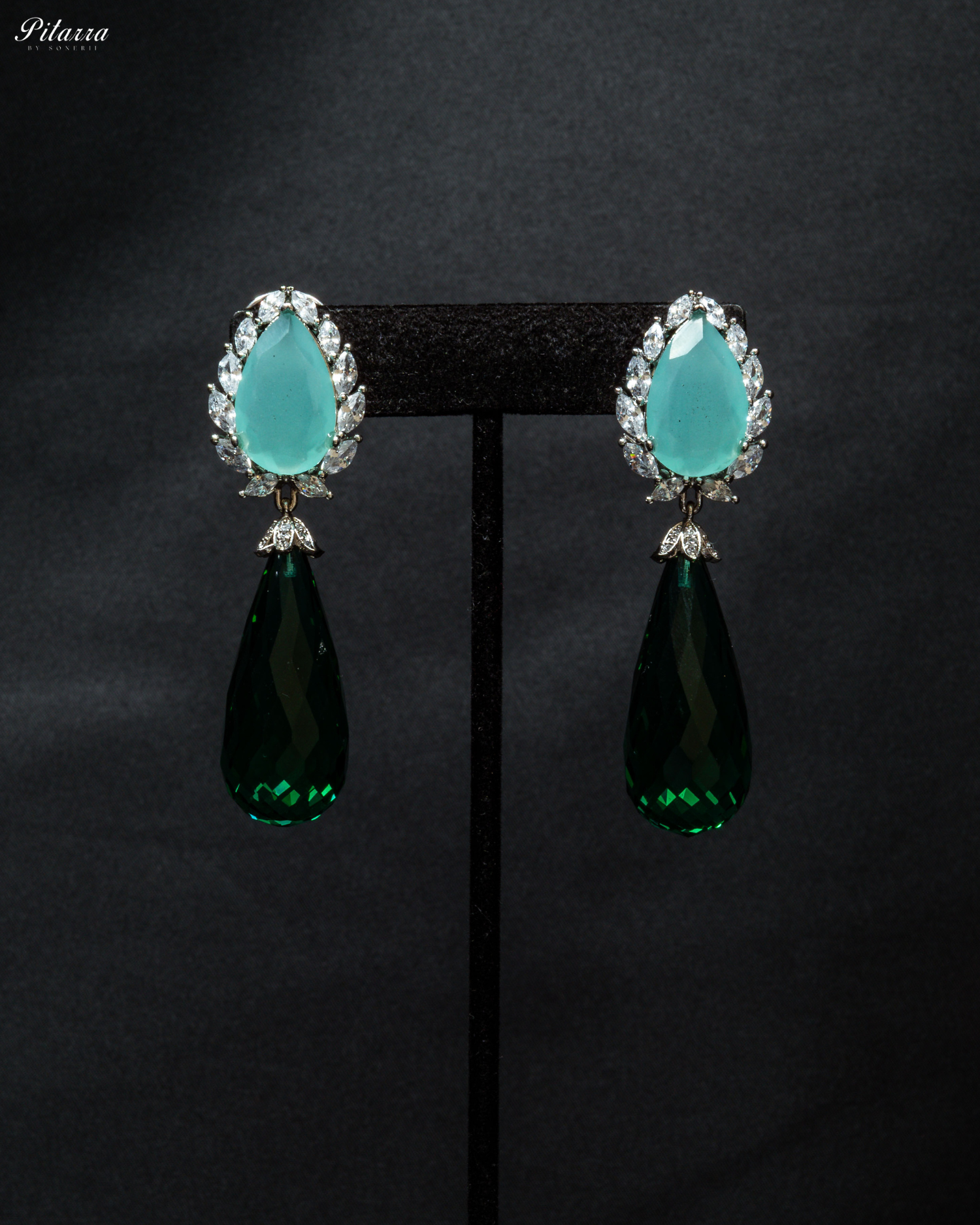 Silver Finish Blue and Green CZ Drop Earrings_Front Image