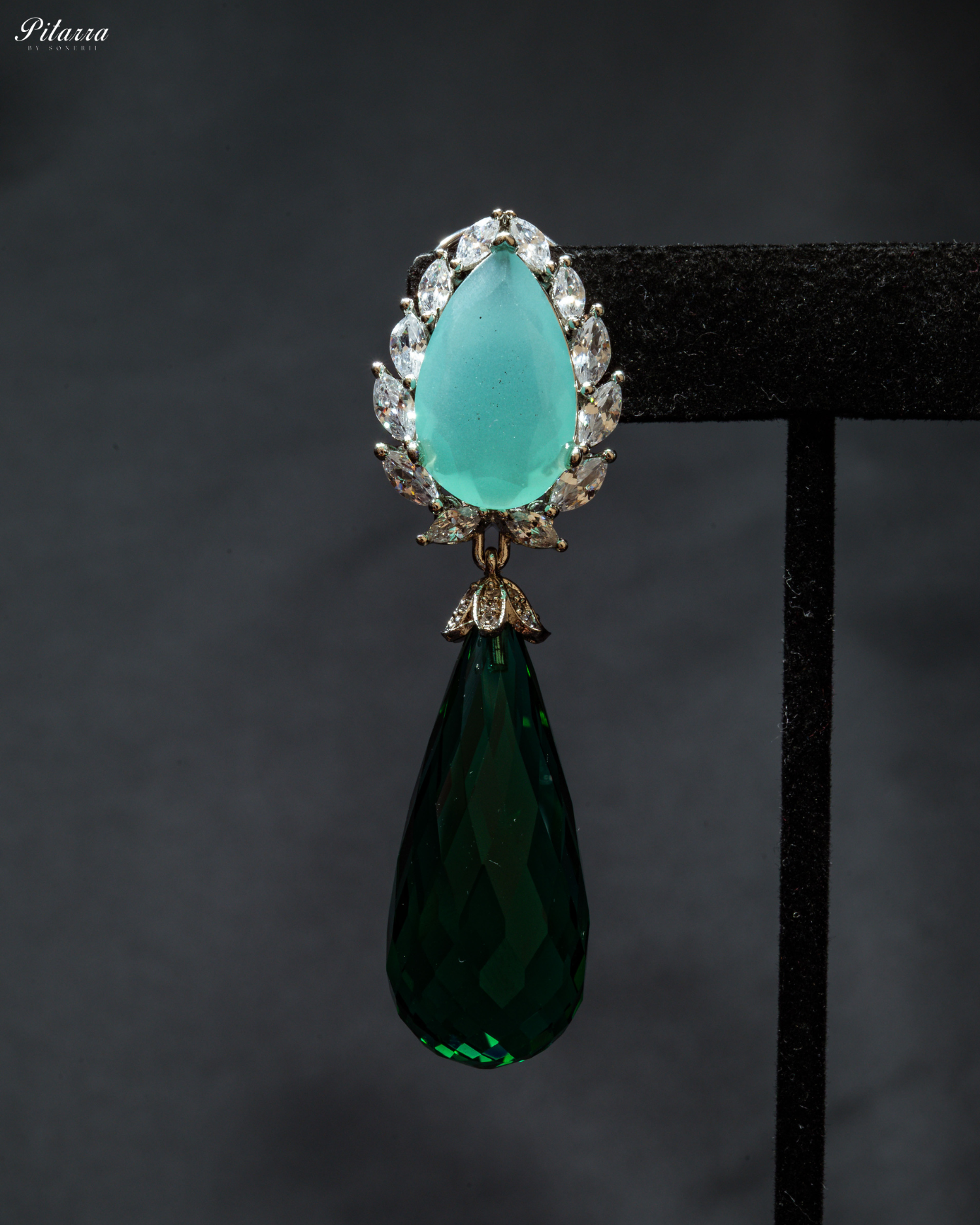 Silver Finish Blue and Green CZ Drop Earrings_Zoom Angle