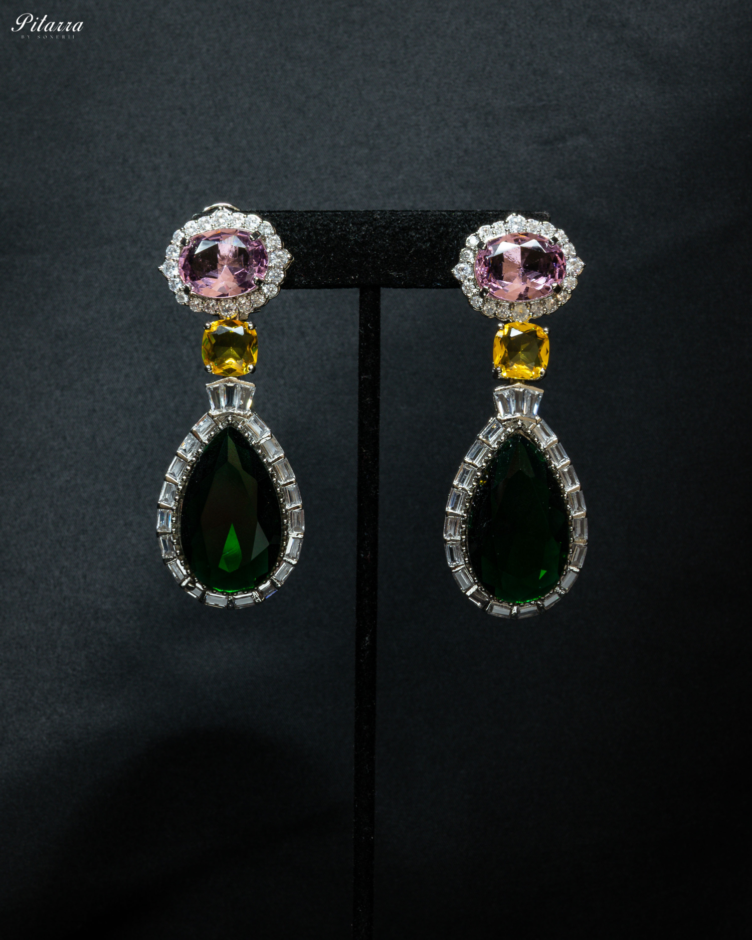 Silver Finish Green Drop Zircon Earrings_Front Image