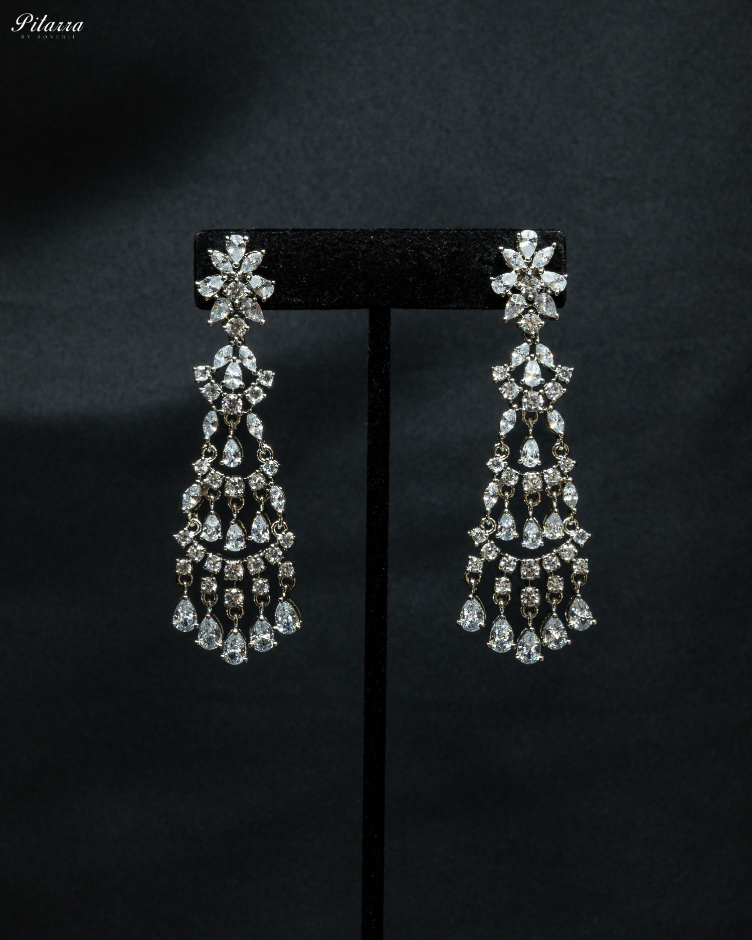 Silver Finish Zircon Long Dangler Earrings_Front Image