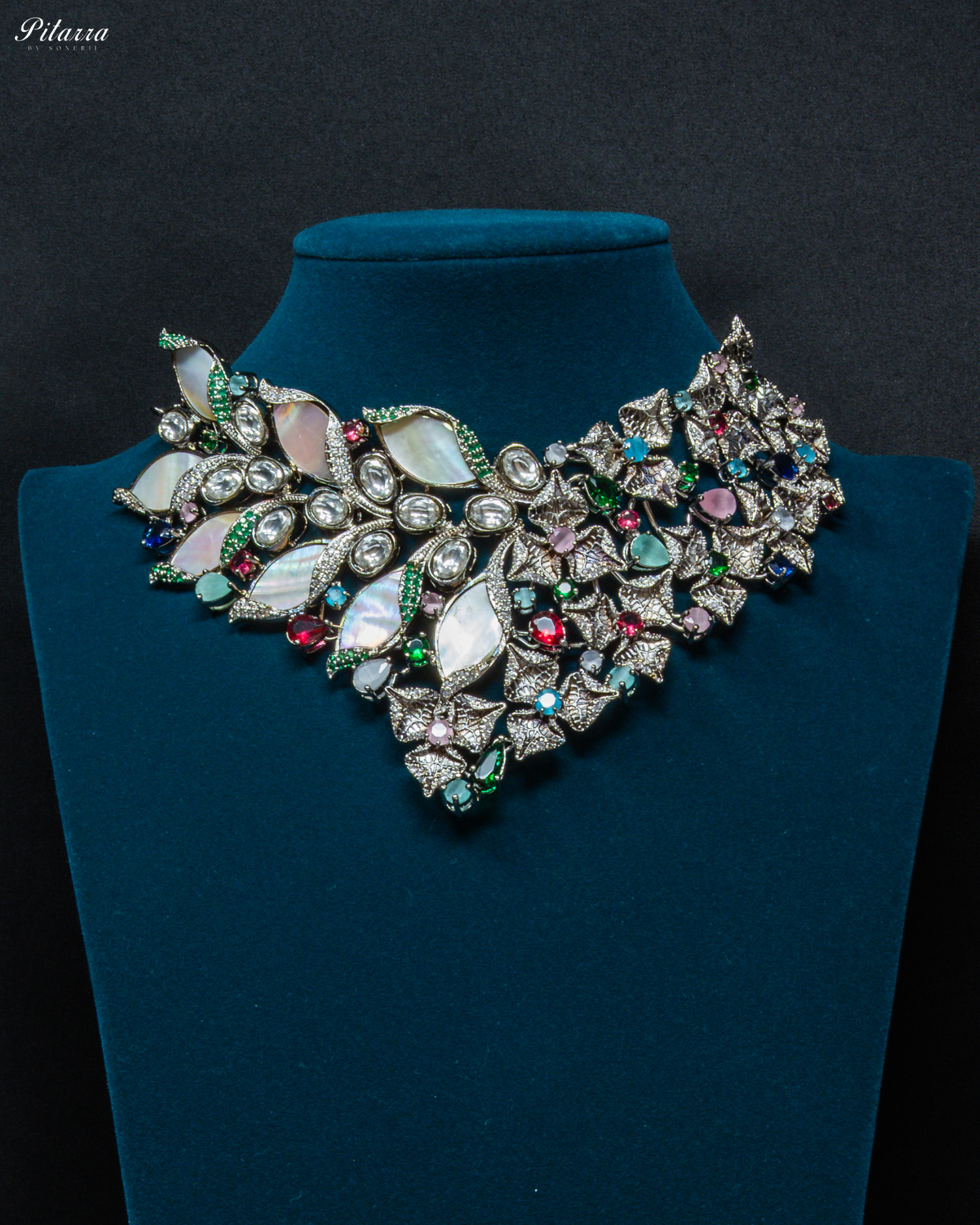 Silver Floral Multi Color Fusion Necklace_Front Image