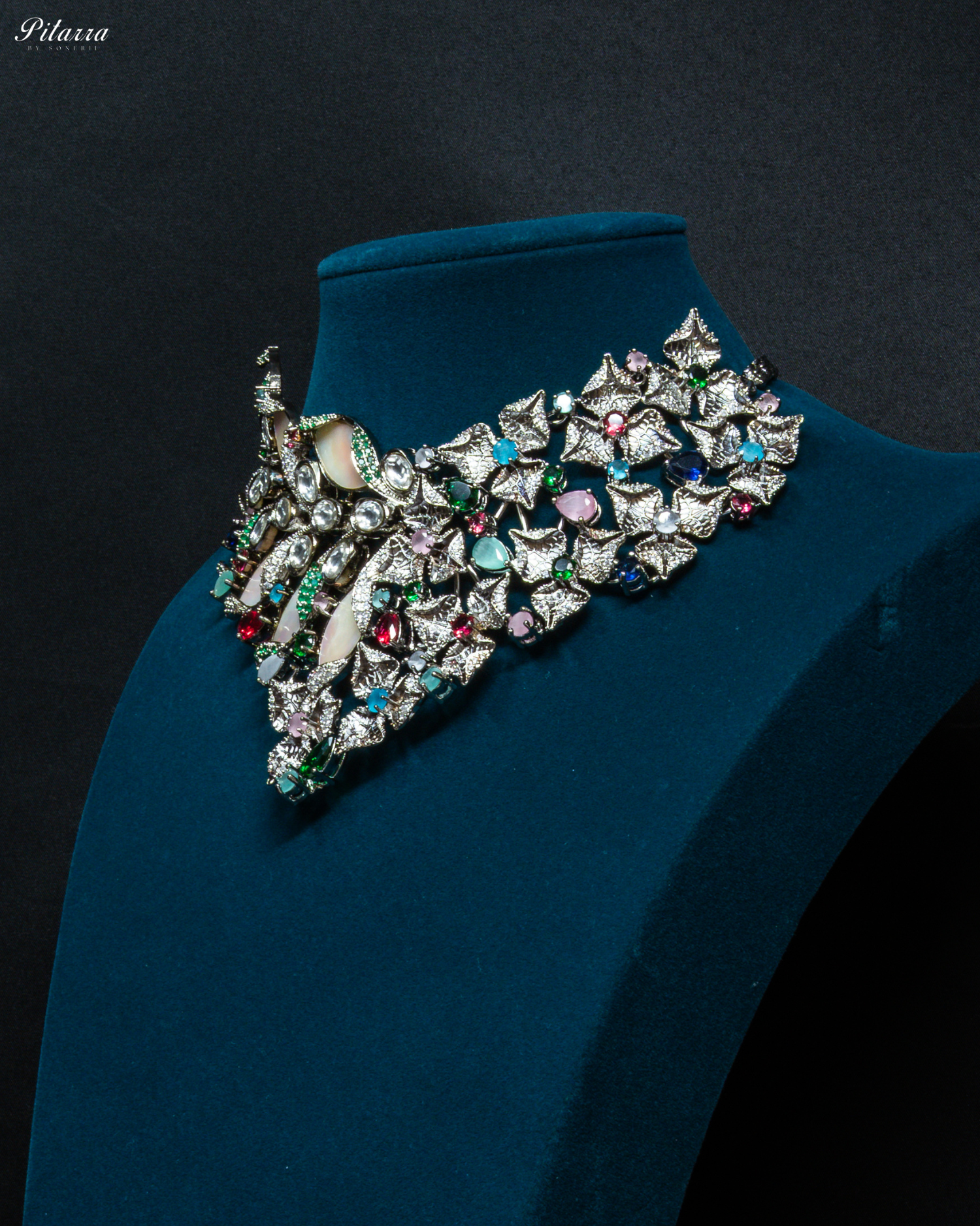 Silver Floral Multi Color Fusion Necklace_Side Angle