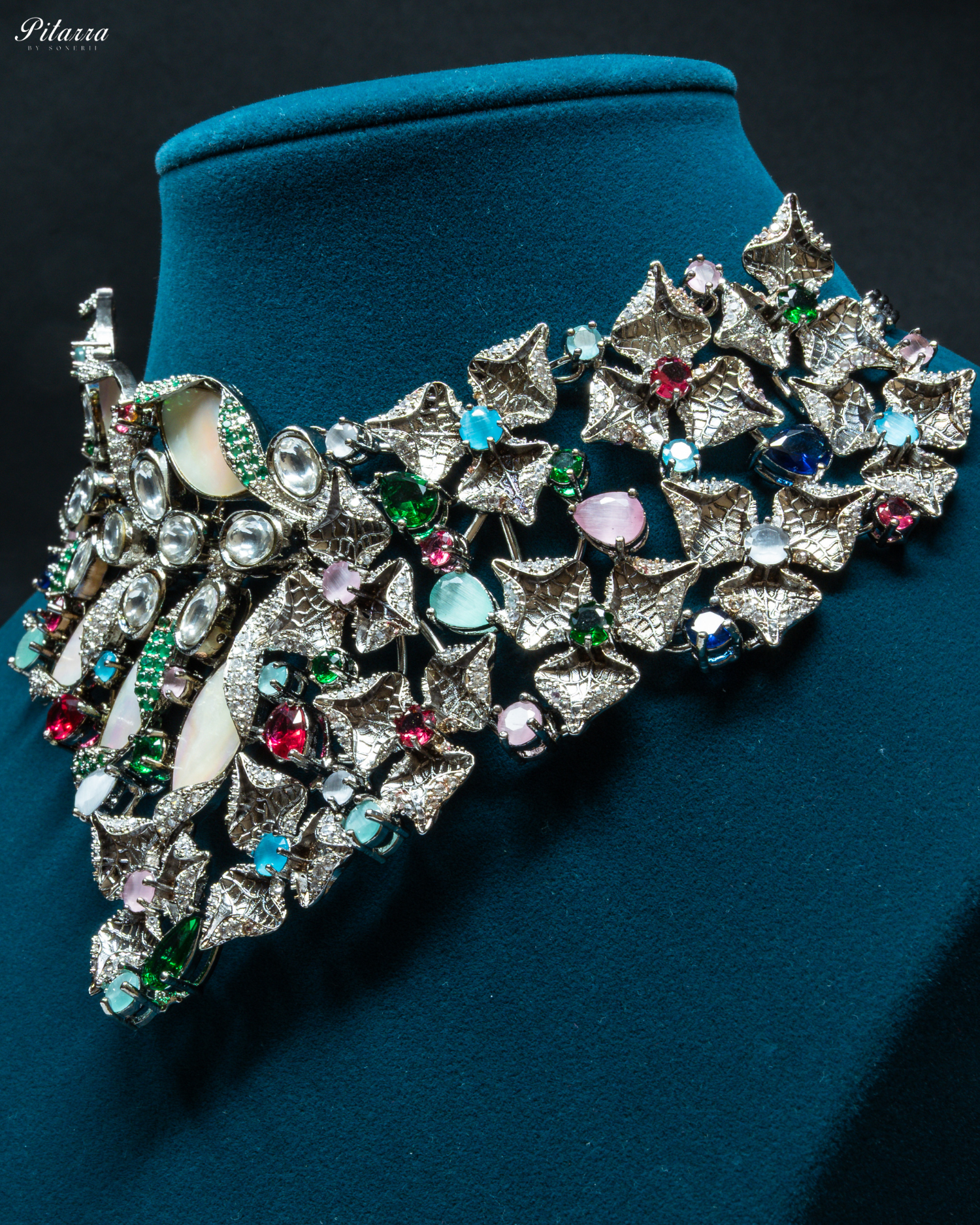 Silver Floral Multi Color Fusion Necklace_Zoom Angle