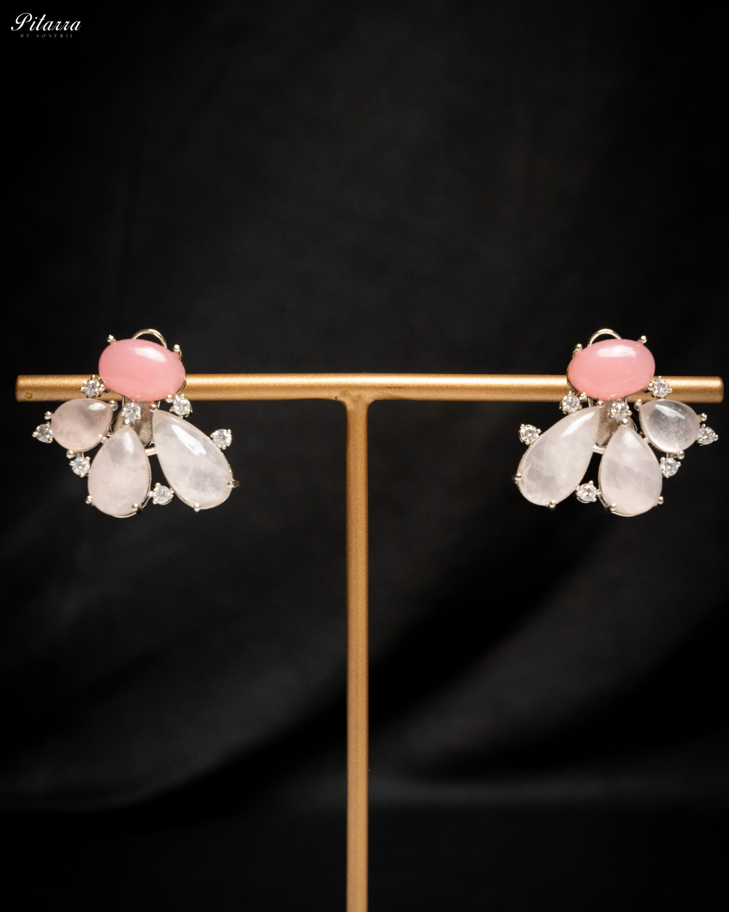Silver Pink Stone Stud Earrings_Front 