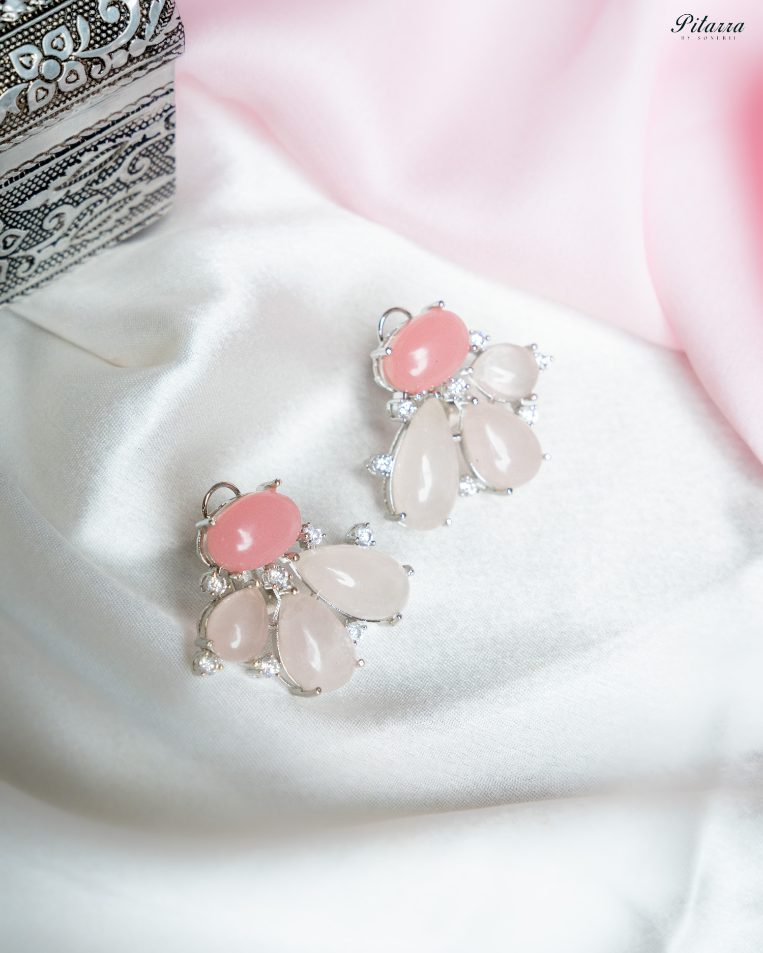 Silver Pink Stone Stud Earrings_Front Image