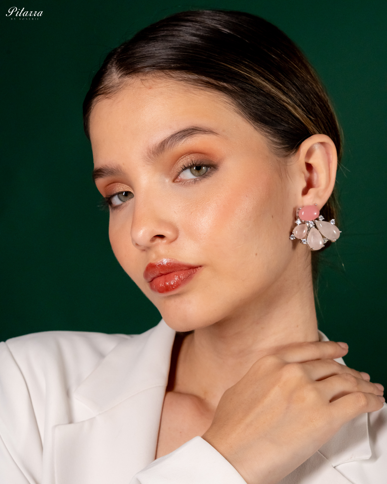 Silver Pink Stone Stud Earrings_Side Angle