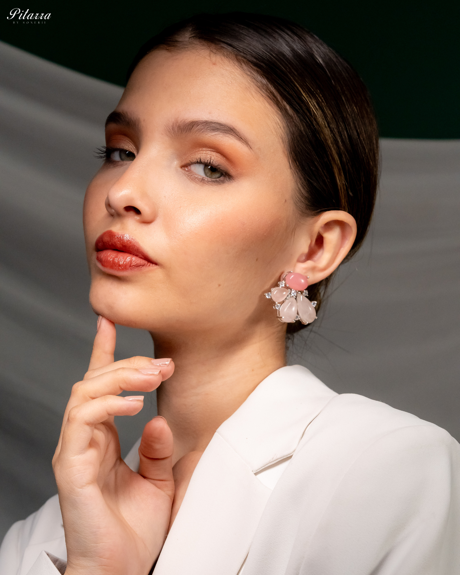 Silver Pink Stone Stud Earrings_Side Image