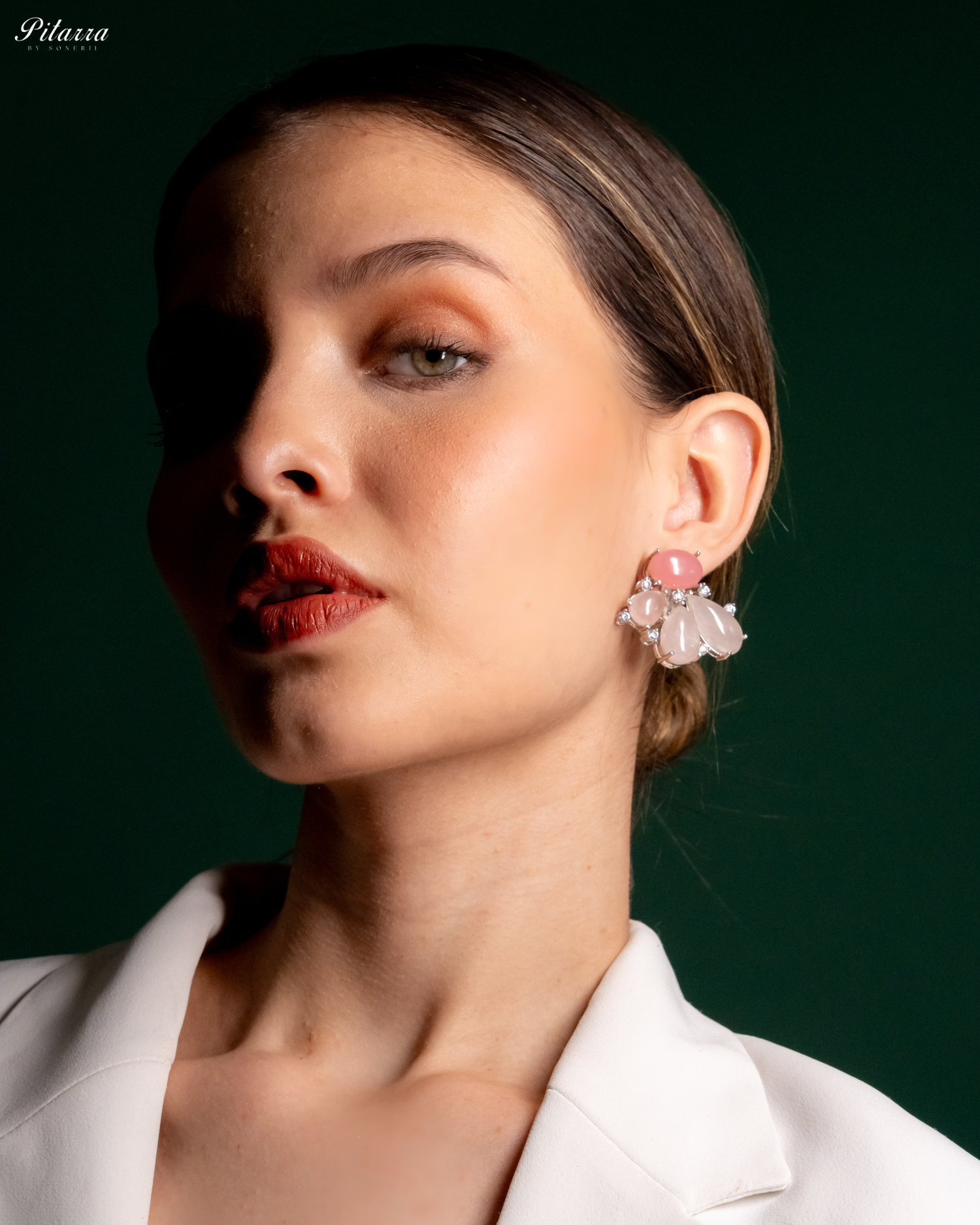 Silver Pink Stone Stud Earrings_Zoom Angle