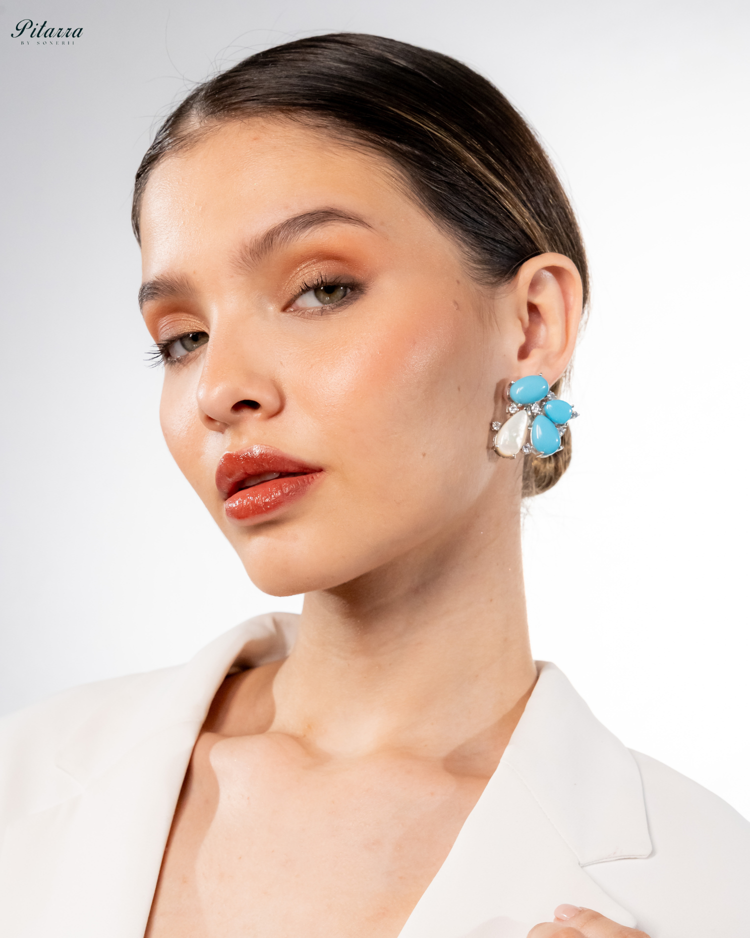 Silver Turquoise Stone Stud Earrings_Side Pose