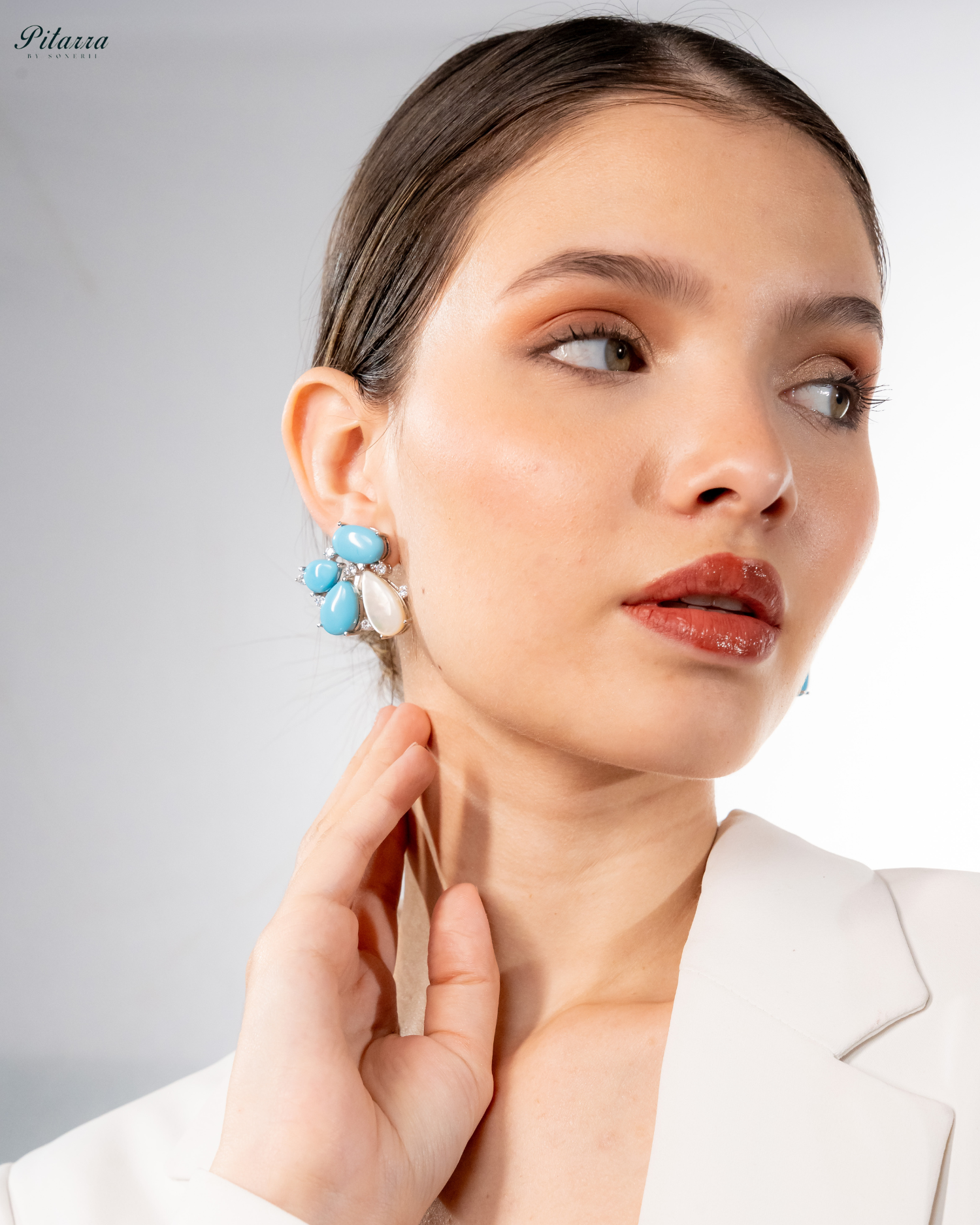 Silver Turquoise Stone Stud Earrings_Side Pose Image
