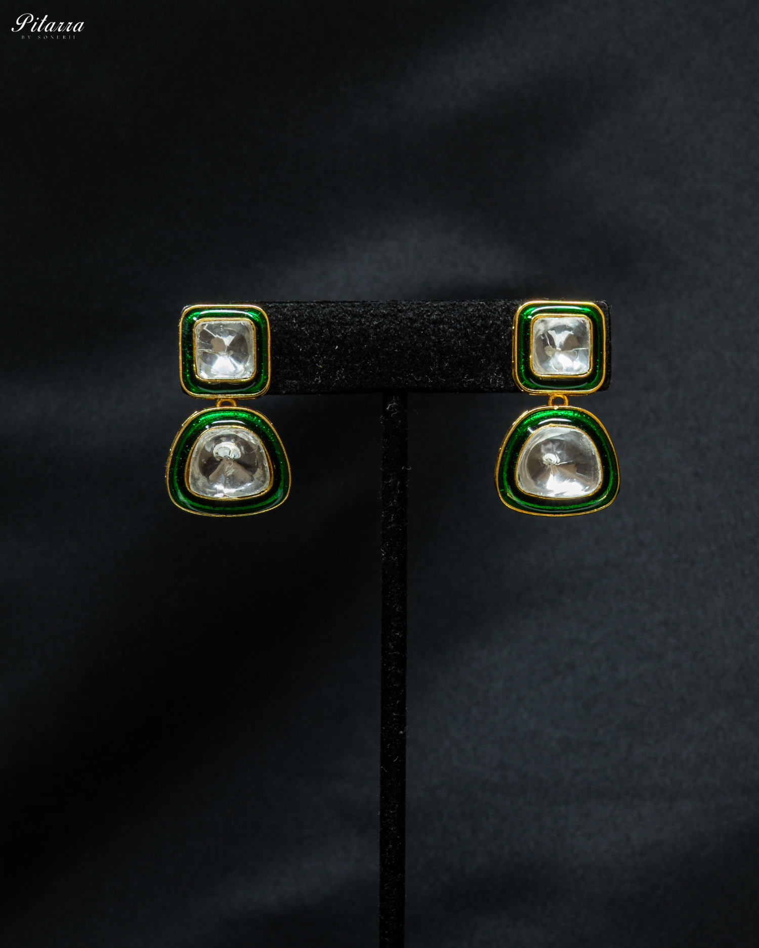 Square Green Kundan Meenakari Earrings_Front Image