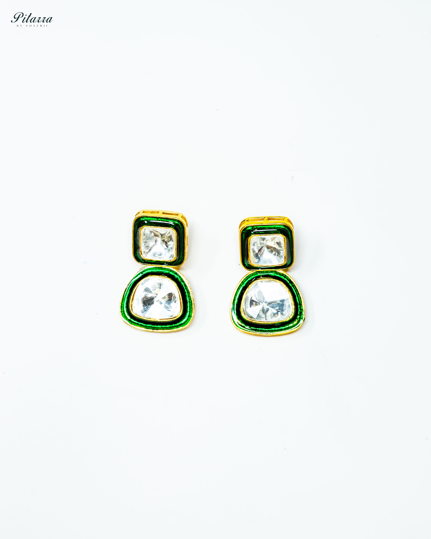 Square Green Kundan Meenakari Earrings_White Background
