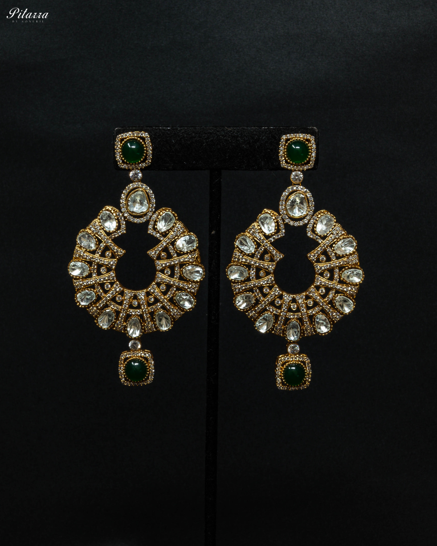 Three Layer Emerald Victorian Long Kundan Necklace Set_Earrings