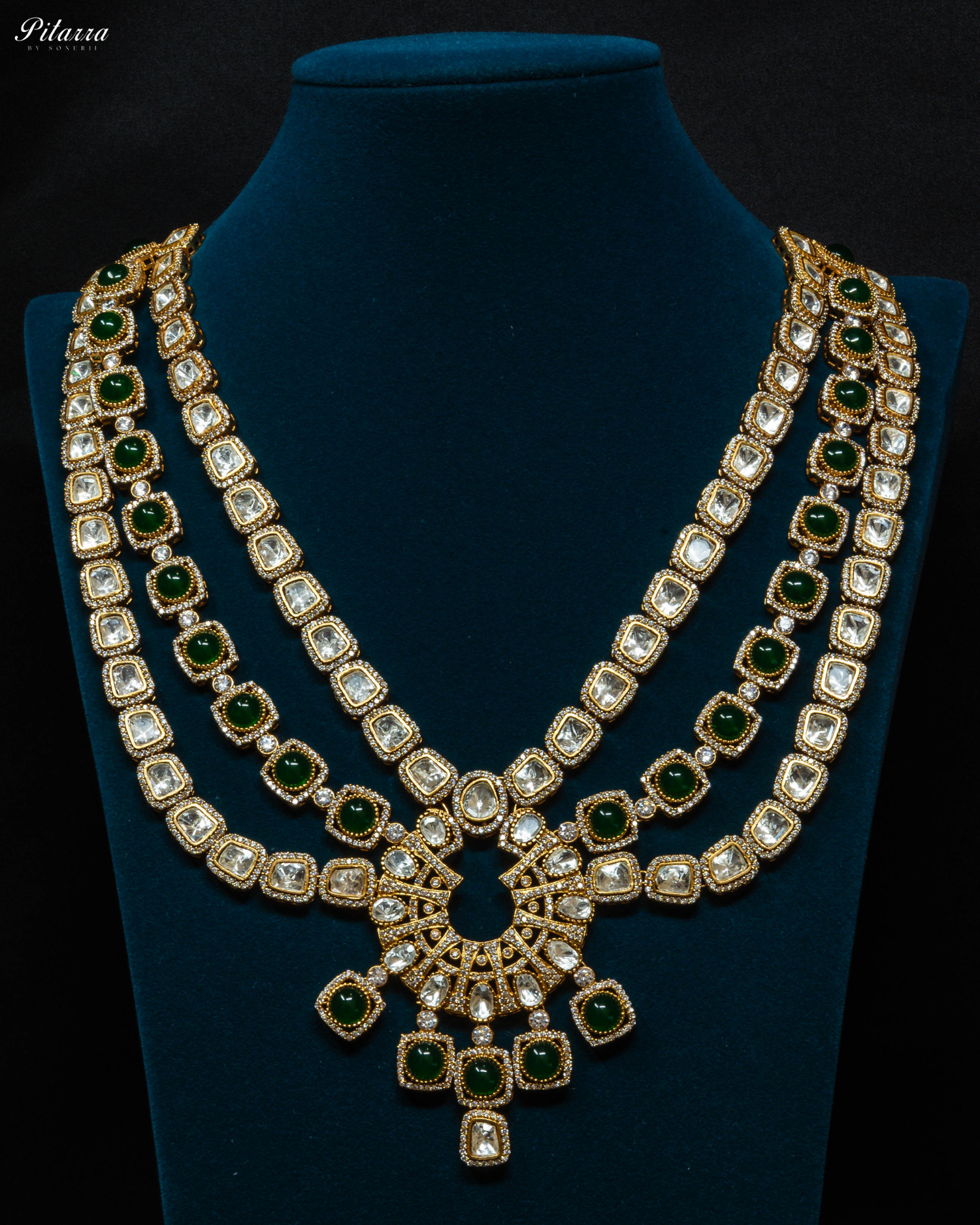 Three Layer Emerald Victorian Long Kundan Necklace Set_Front Image