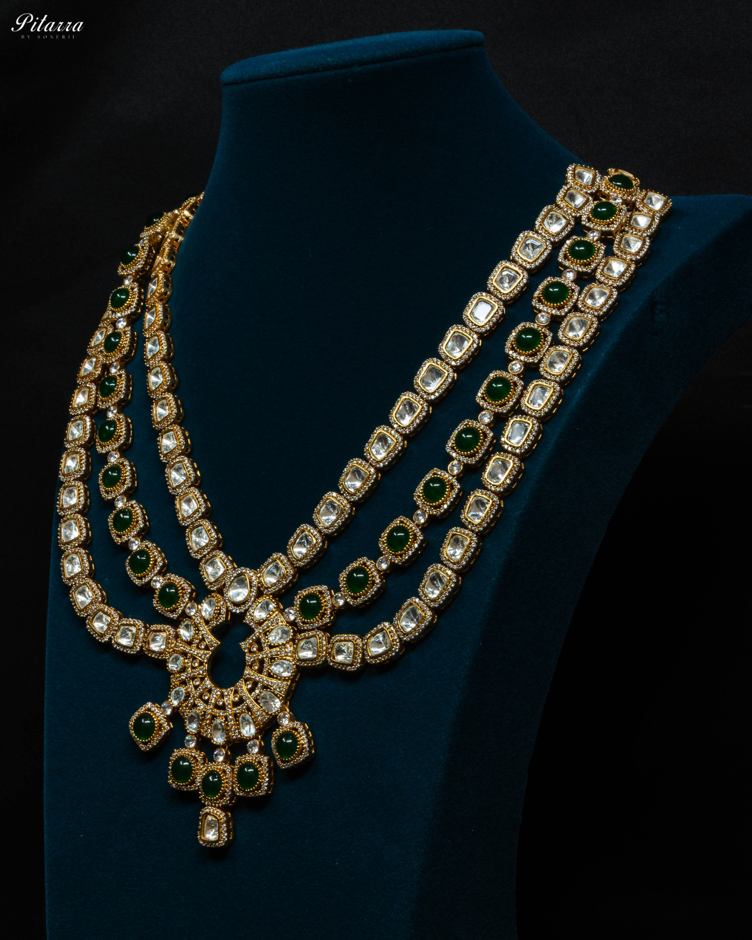 Three Layer Emerald Victorian Long Kundan Necklace Set_Side Angle