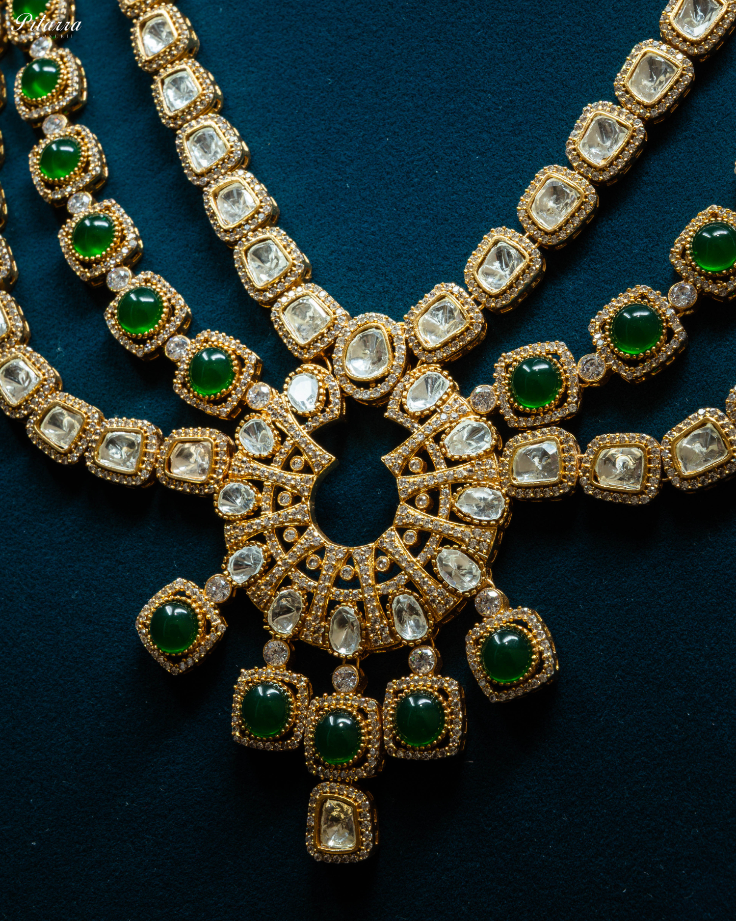 Three Layer Emerald Victorian Long Kundan Necklace Set_Zoom Angle