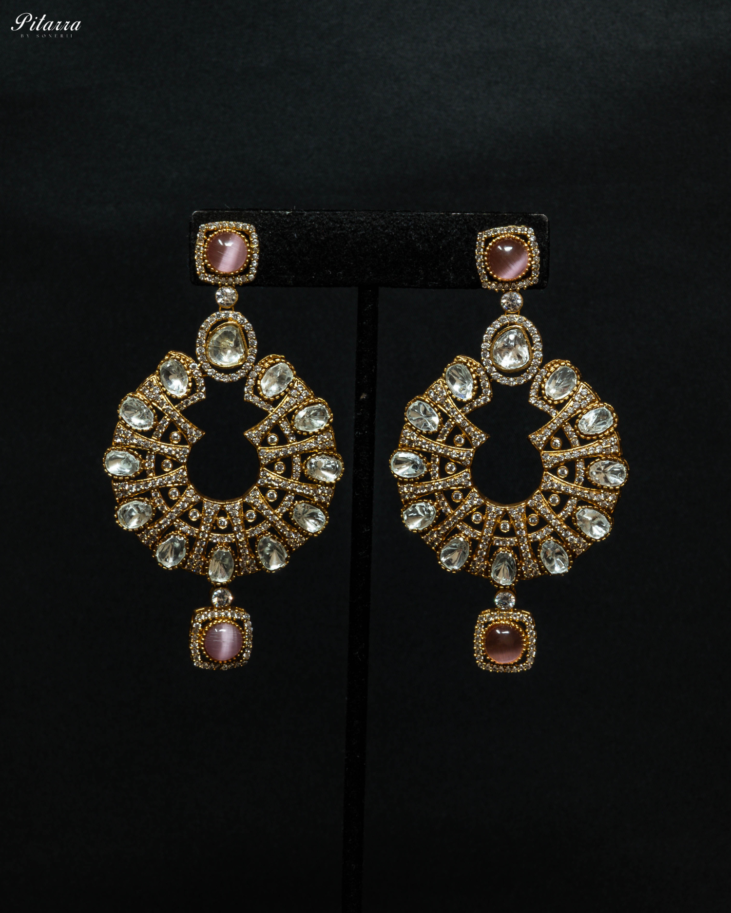 Three Layer Pink Victorian Long Kundan Necklace Set_Earrings