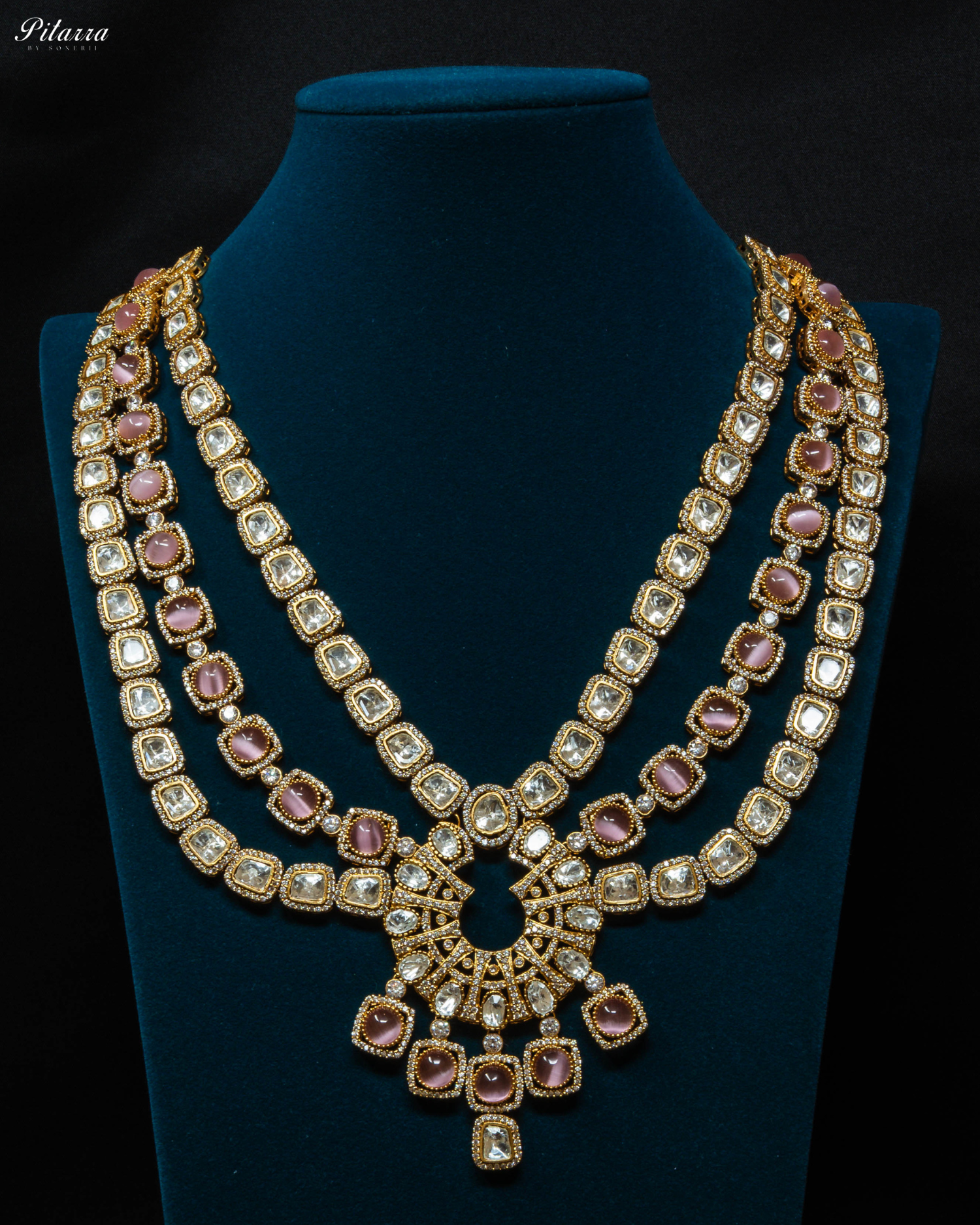 Three Layer Pink Victorian Long Kundan Necklace Set_Front Image