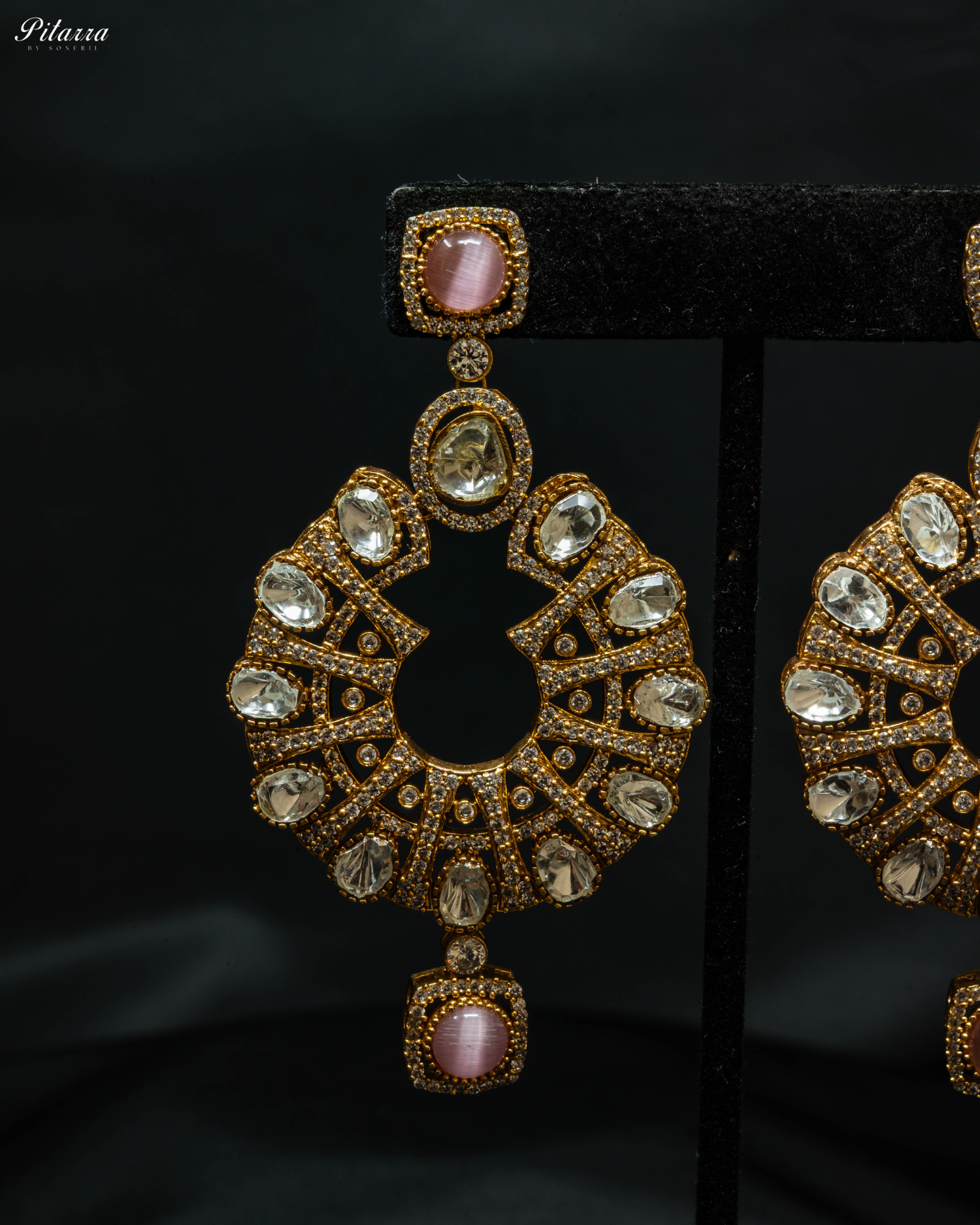 Three Layer Pink Victorian Long Kundan Necklace Set_Zoom Earrings