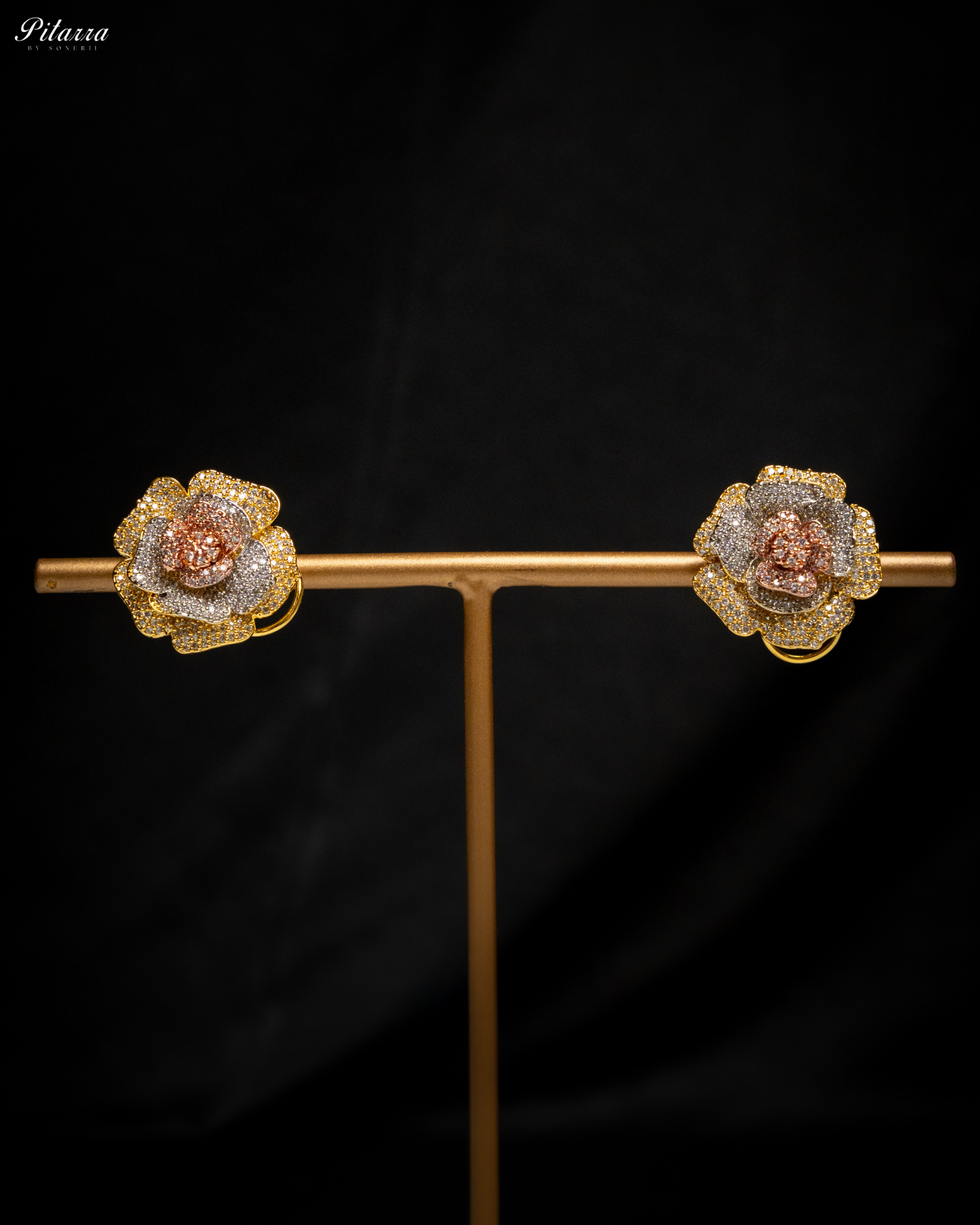 Three Tone Flower CZ Choker Set_Earrings