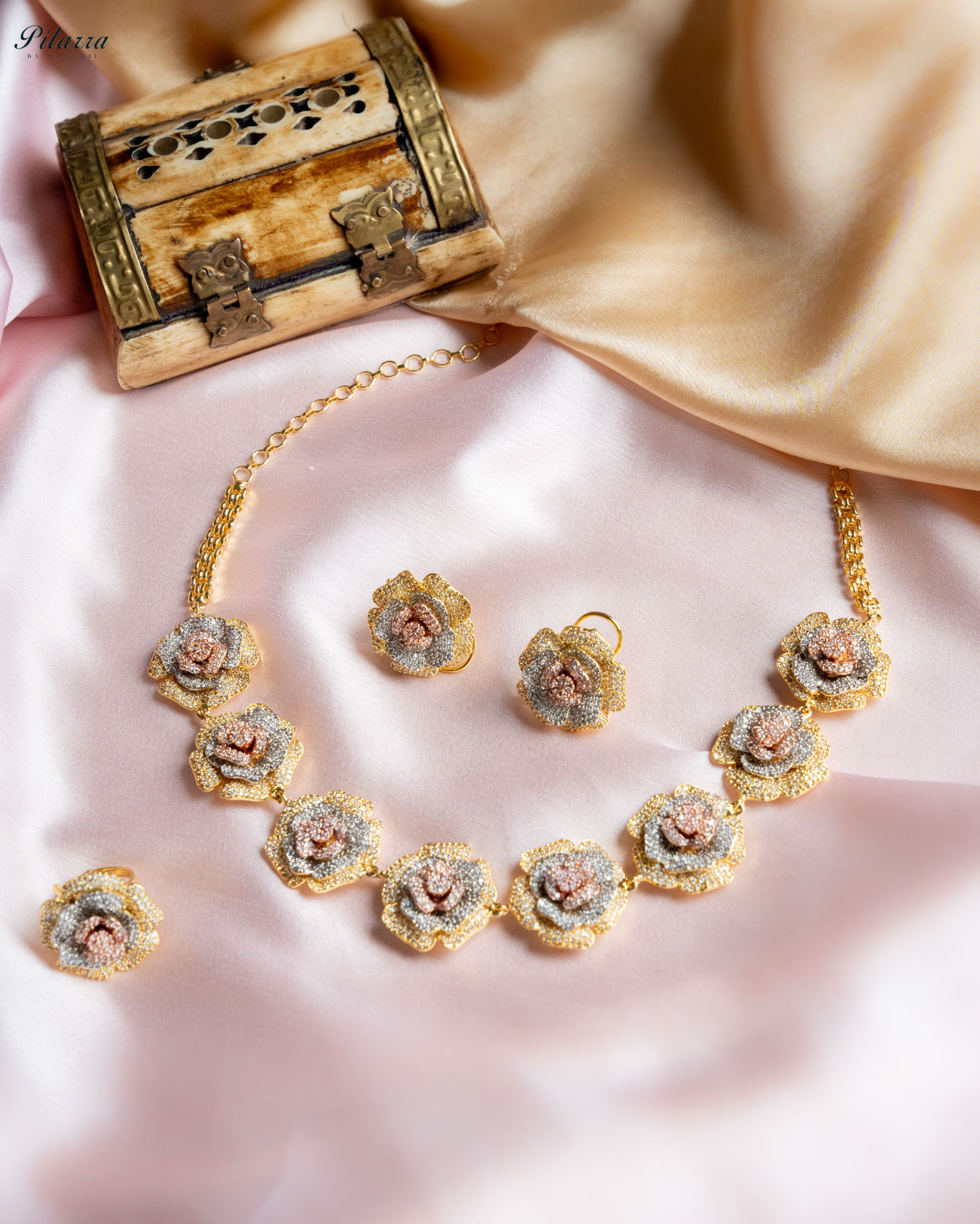 Three Tone Flower CZ Choker Set_Main Image