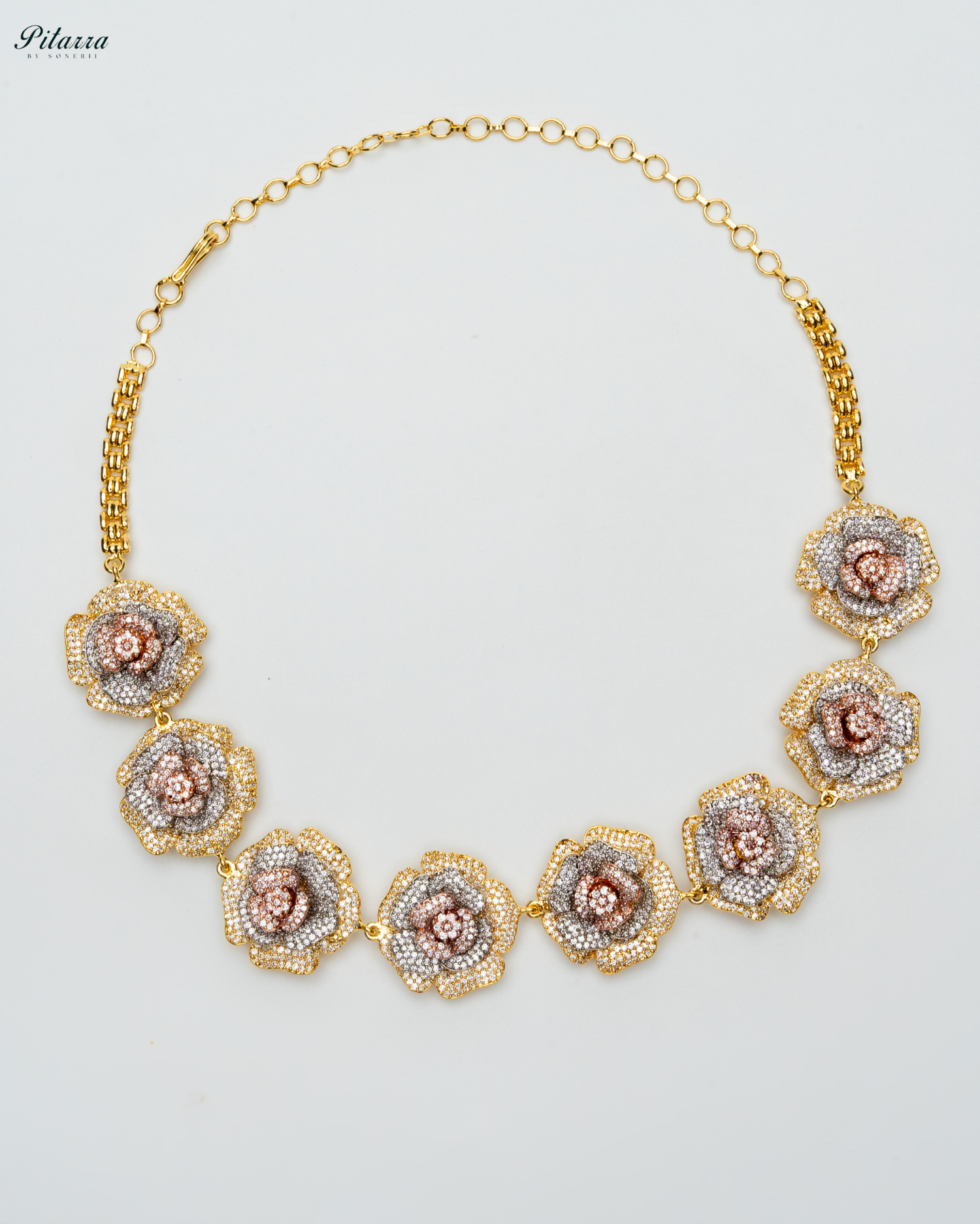 Three Tone Flower CZ Choker Set_White Background Necklace 