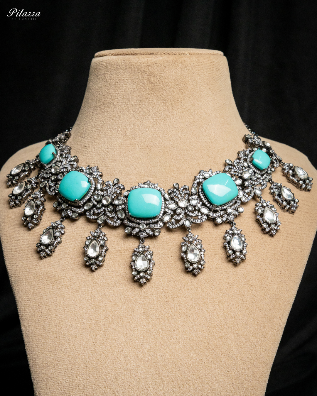 Turquoise Blue Royal Kundan Necklace Set_Necklace