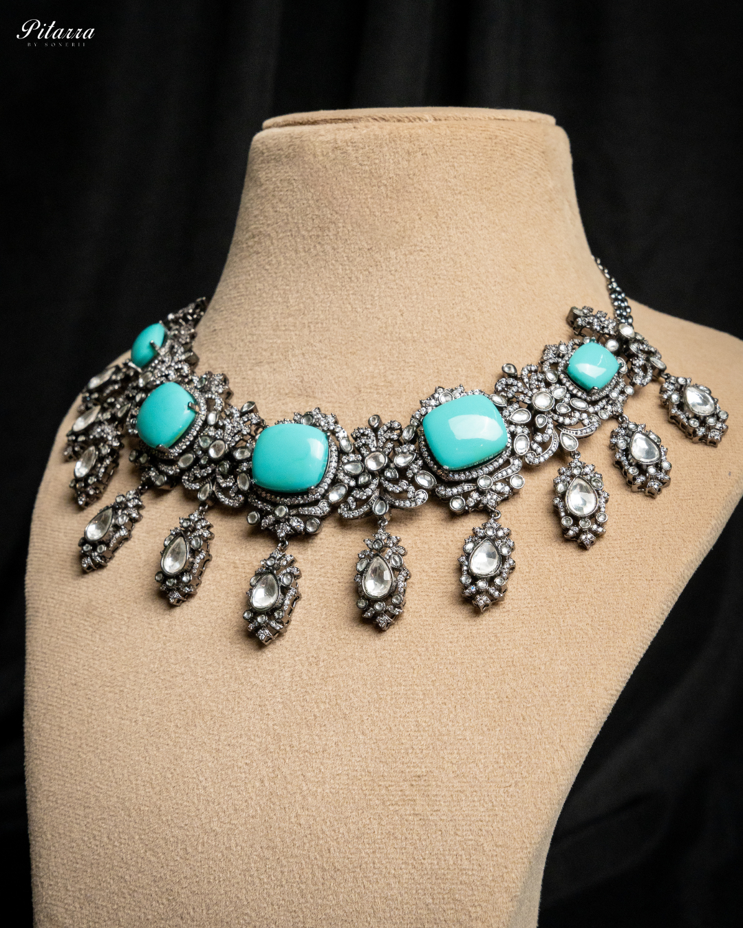 Turquoise Blue Royal Kundan Necklace Set_Side Angle