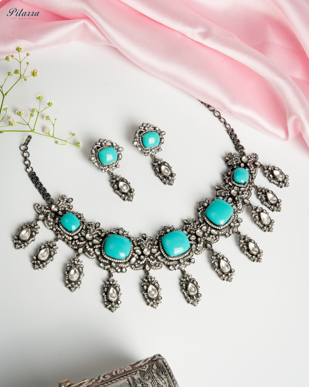 Turquoise Blue Royal Kundan Necklace Set_White Background