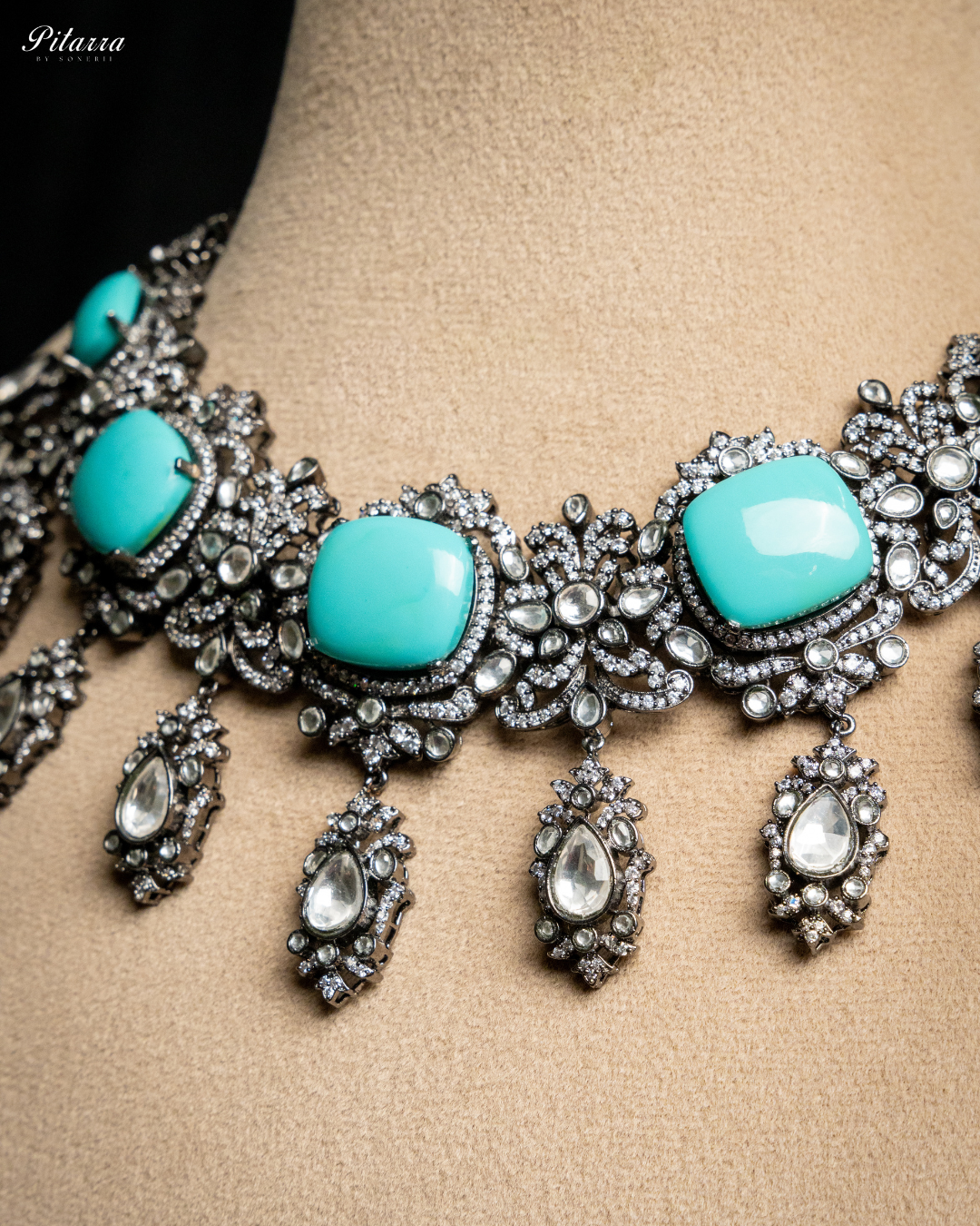 Turquoise Blue Royal Kundan Necklace Set_Zoom Angle