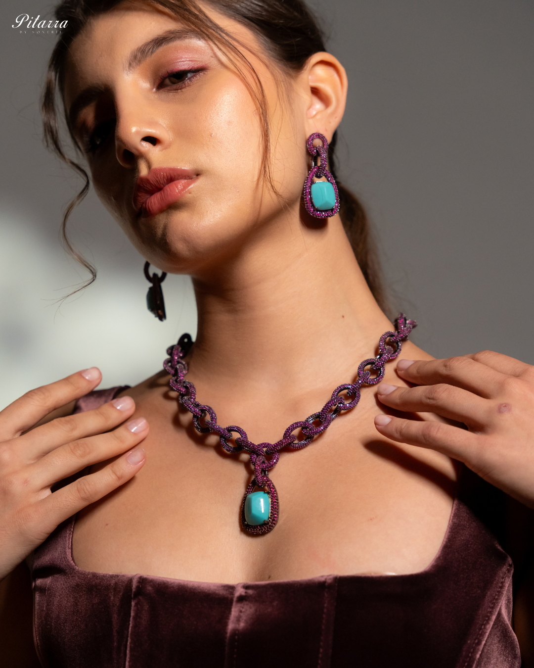 Turquoise Blue Stone Pink Chain CZ Necklace Set_Side Pose