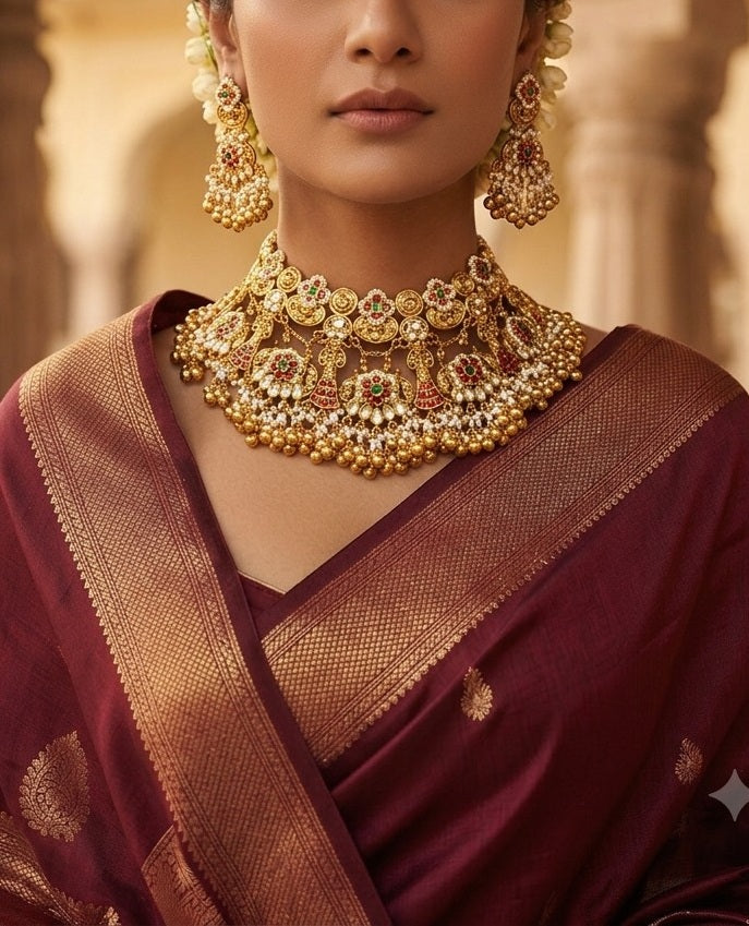 Gold Plated Green and Red Stone Studded Kundan Necklace Set