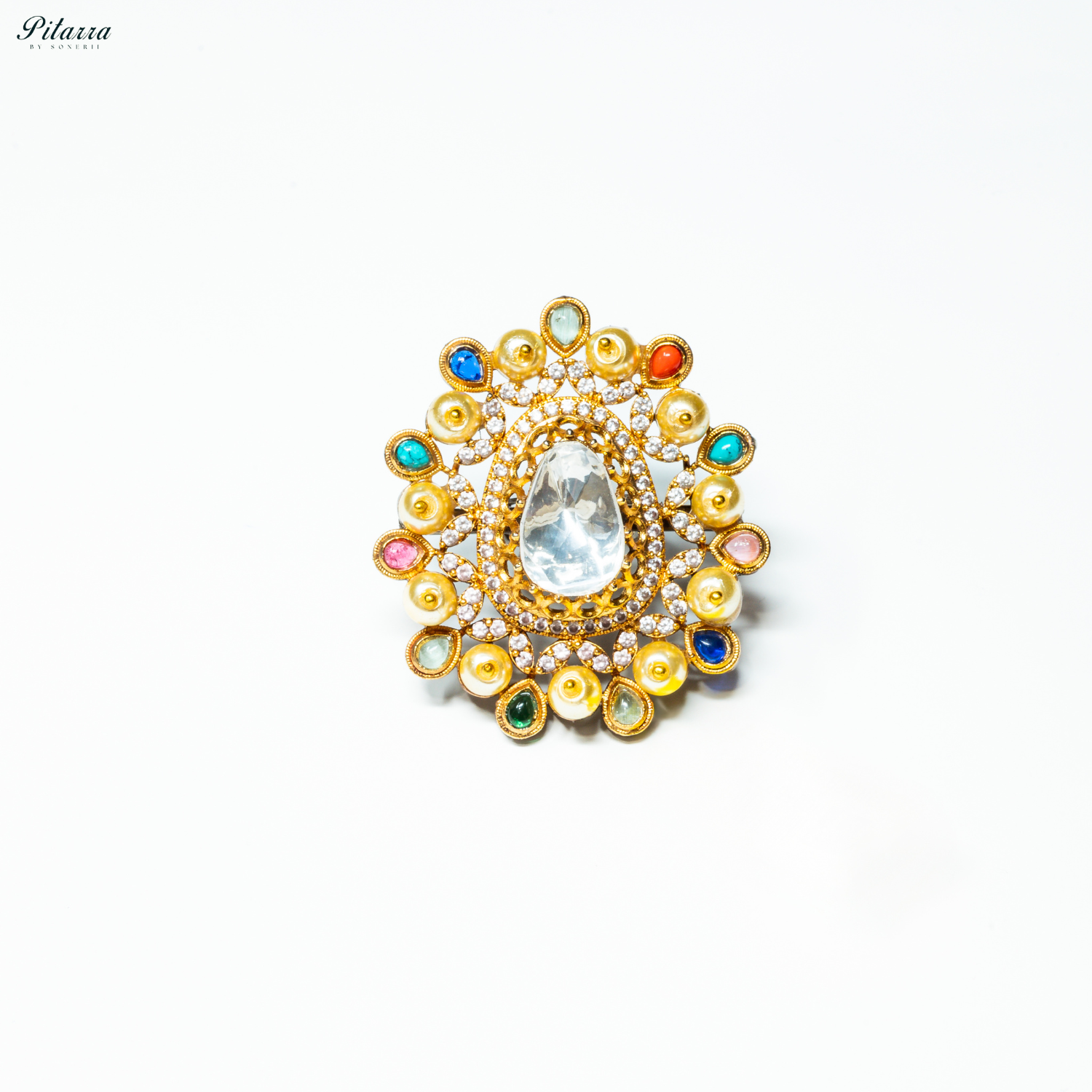 White Crystal Golden Kundan Multi Colored Ring_White Background