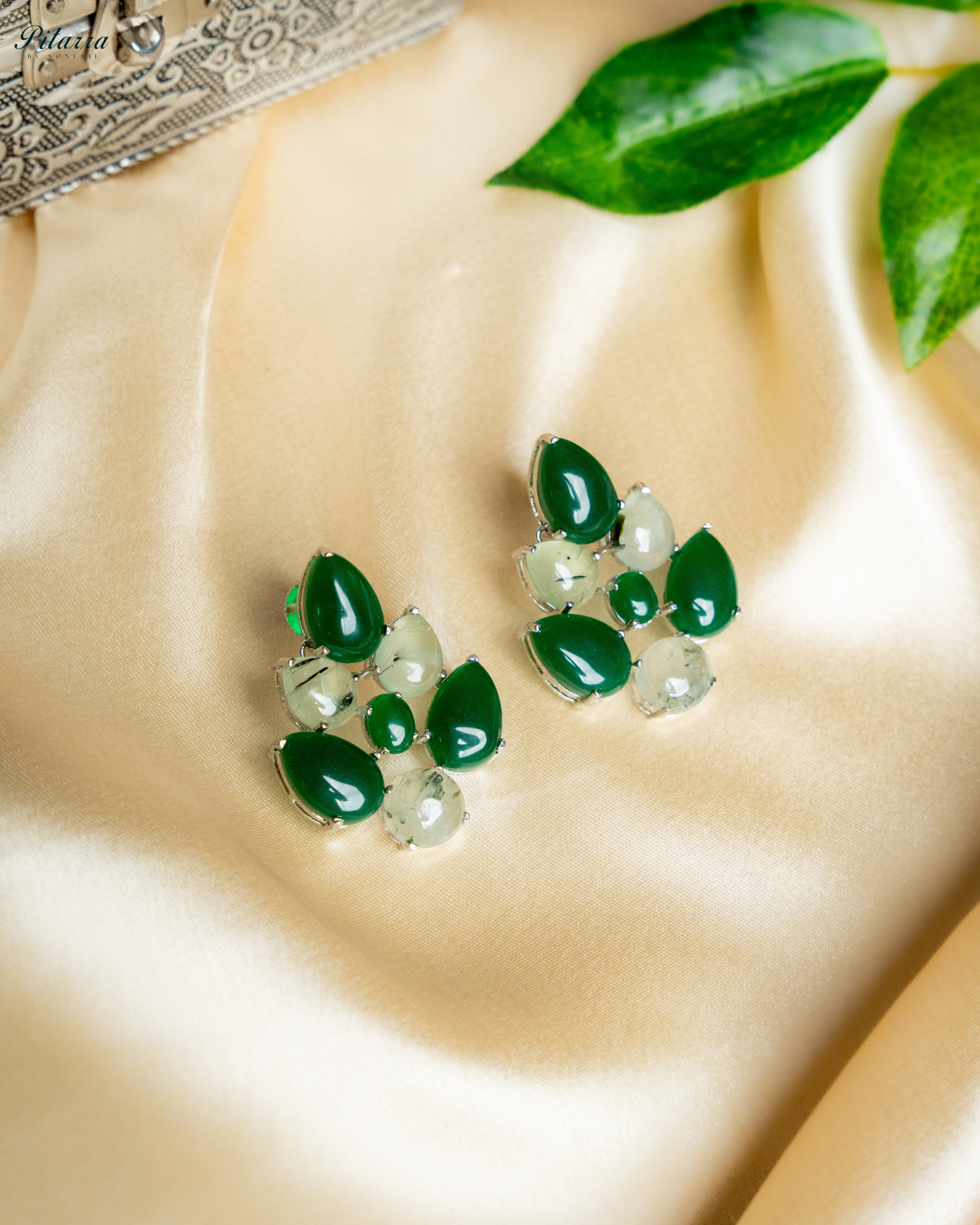 White Green Ethnic Stud Earrings_Main Image
