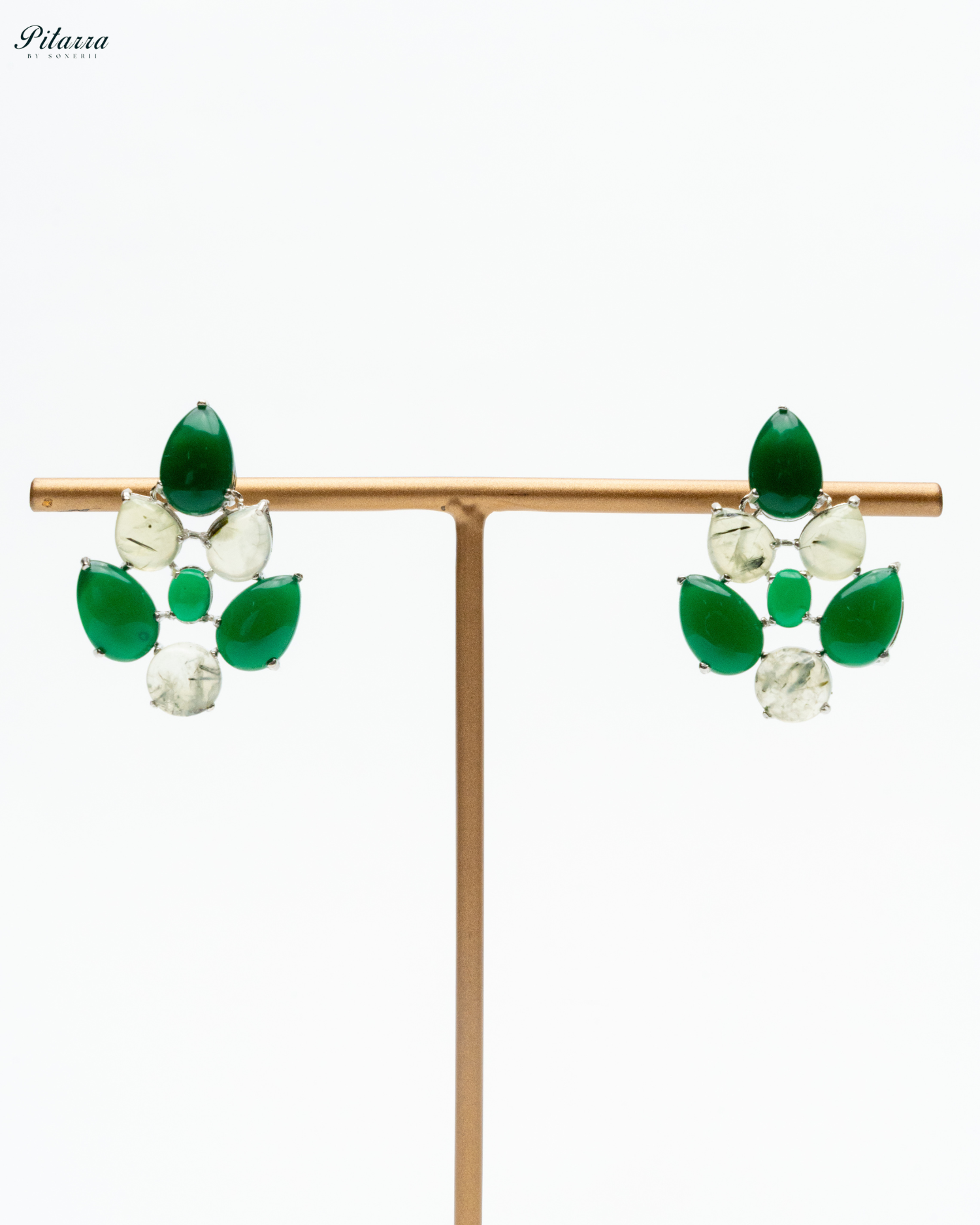 White Green Ethnic Stud Earrings_White Background